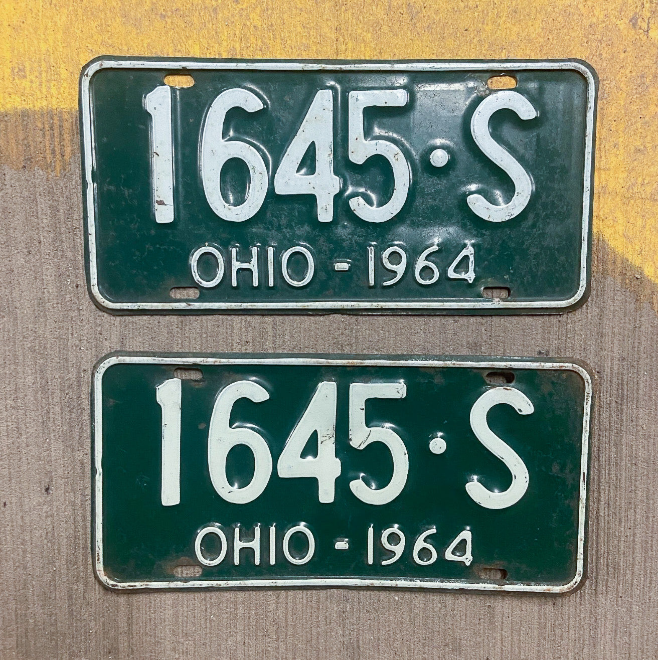 Photo of a 1964 Ohio License Plate Pair Auto Tag Garage Decor Vintage 1645 S with original patina