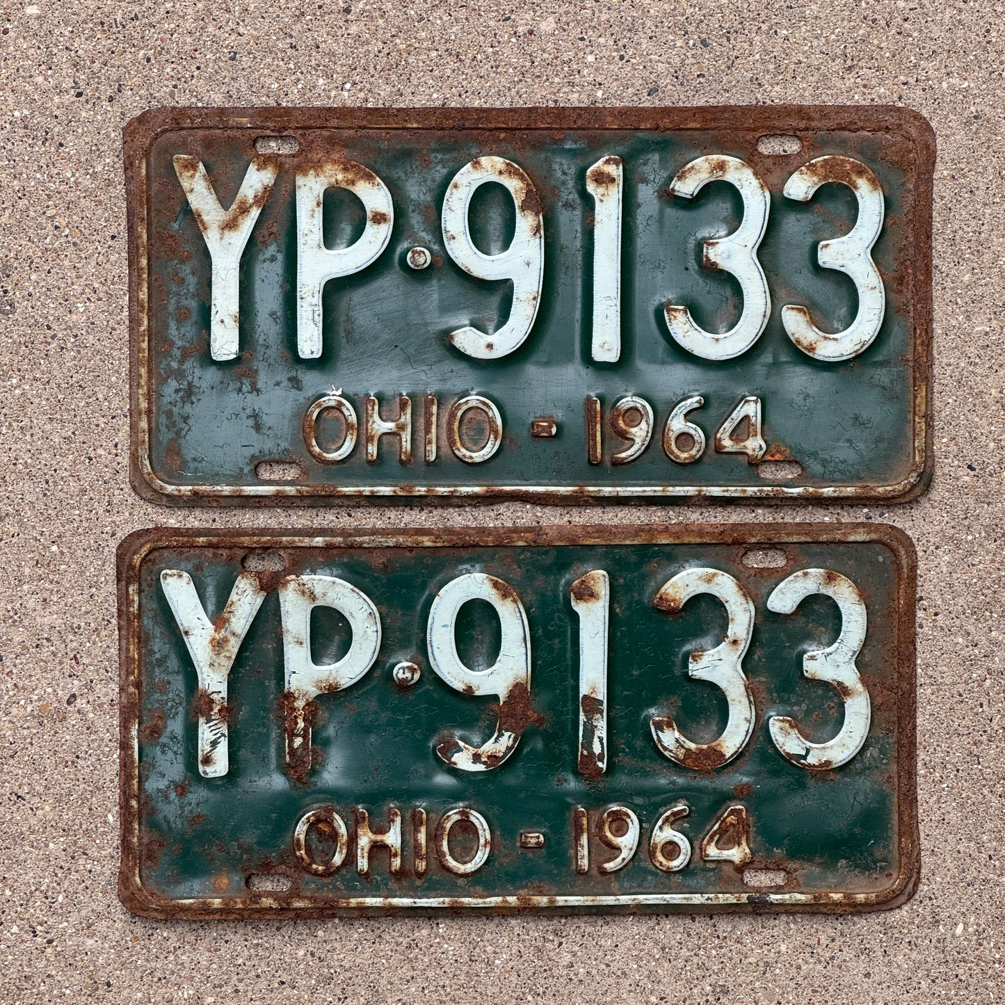 Photo of a 1964 Ohio License Plate Pair Auto Tag Garage Decor Vintage YP 9133 with original patina