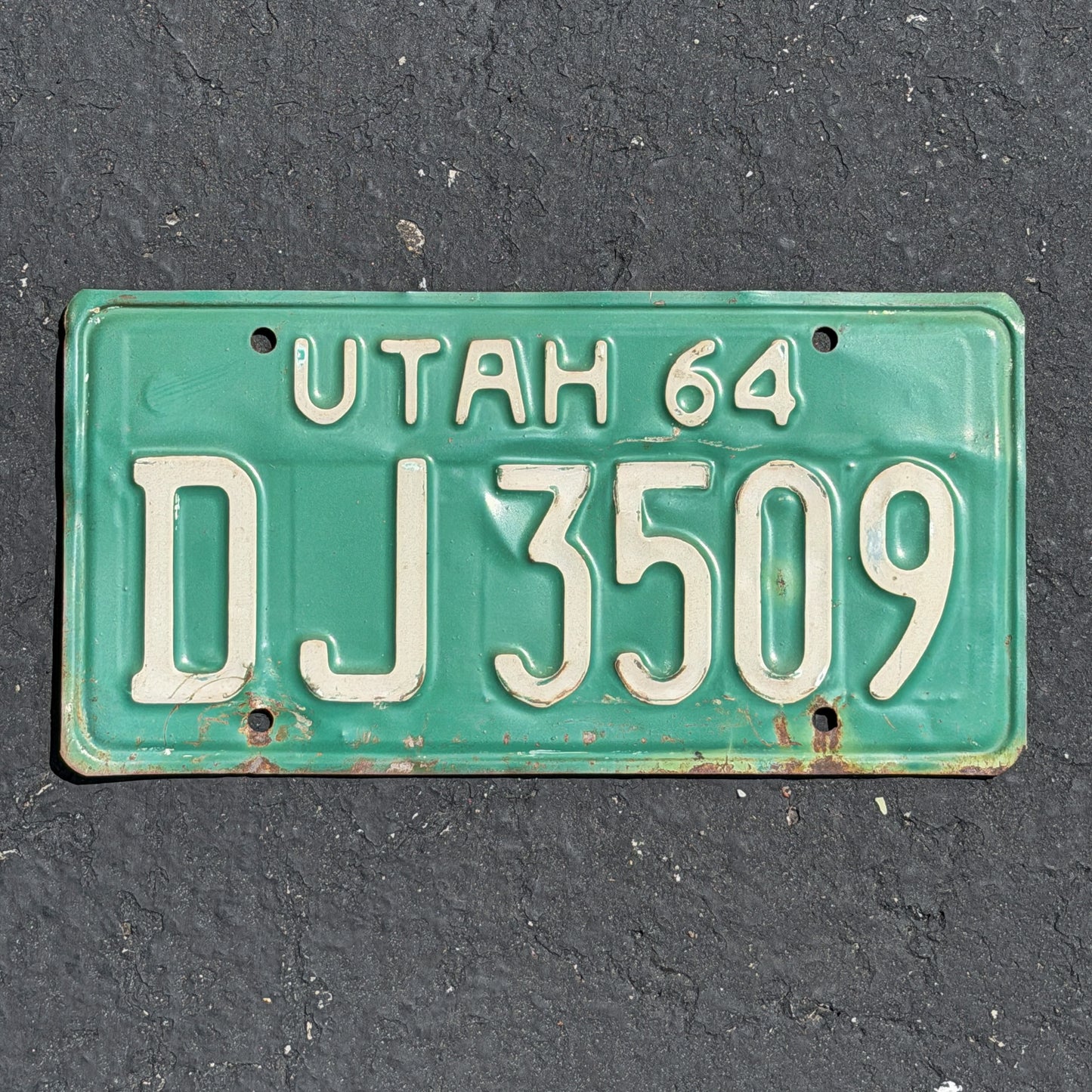 Photo of a 1964 Utah License Plate Auto Tag Garage Decor Vintage DJ 3509 with original patina