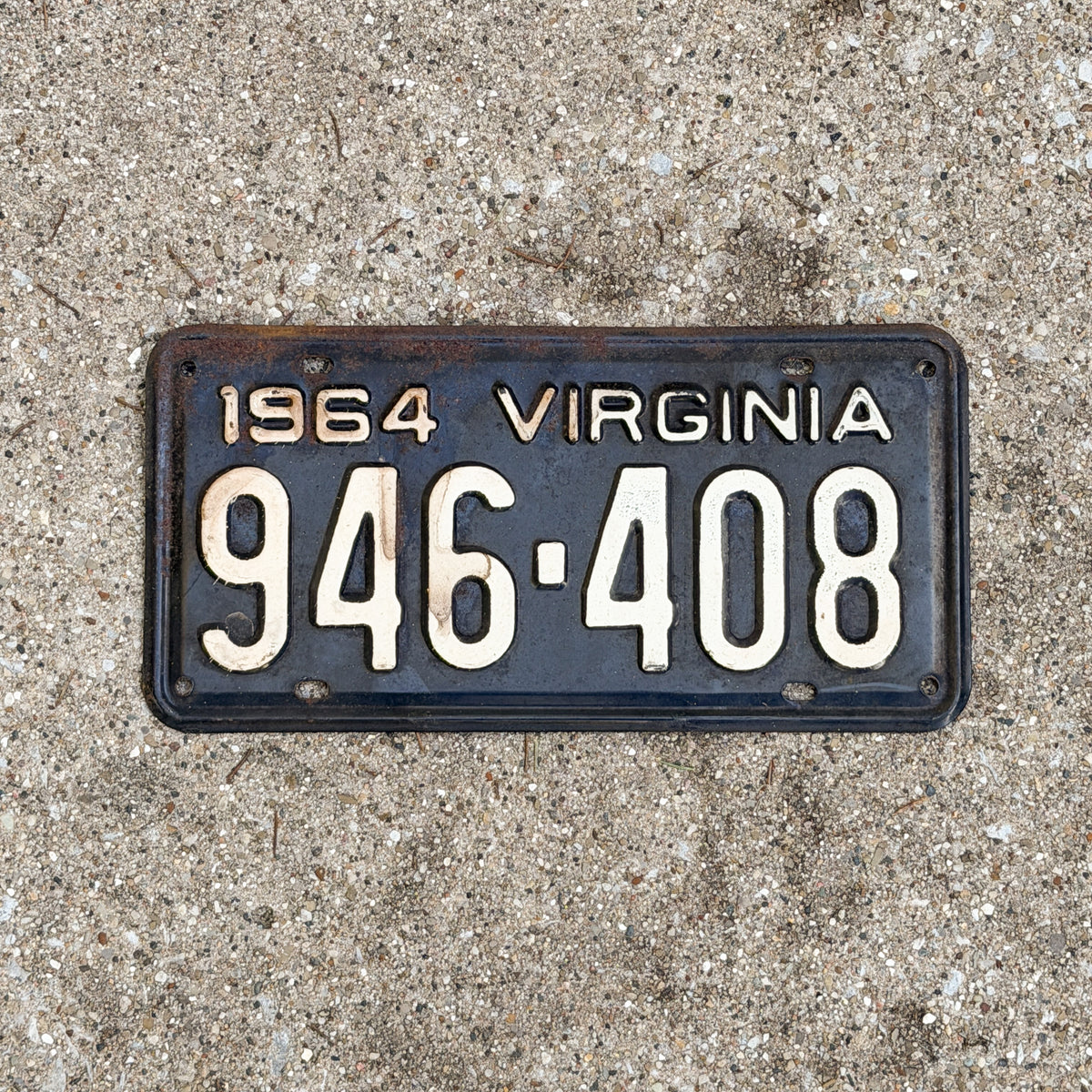 Photo of a 1964 Virginia License Plate Auto Tag Garage Decor Vintage 946 408 with original patina