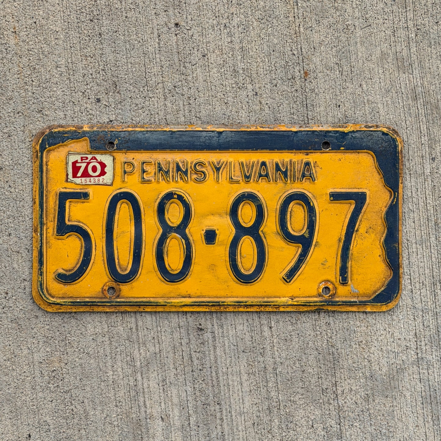 Photo of a 1965 1970 Pennsylvania License Plate Auto Tag Garage Decor Vintage 508 897 with original patina