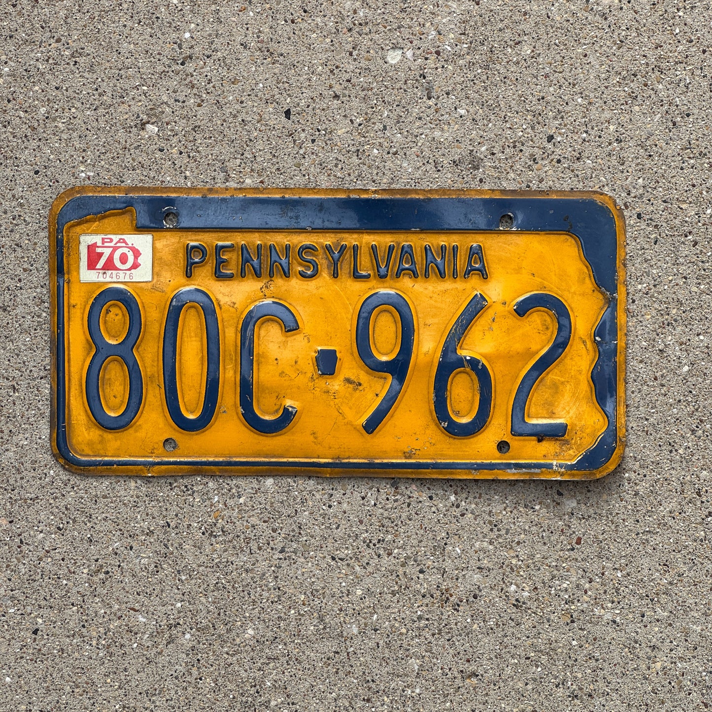 Photo of a 1965 1970 Pennsylvania License Plate Auto Tag Garage Decor Vintage 80C 962 with original patina