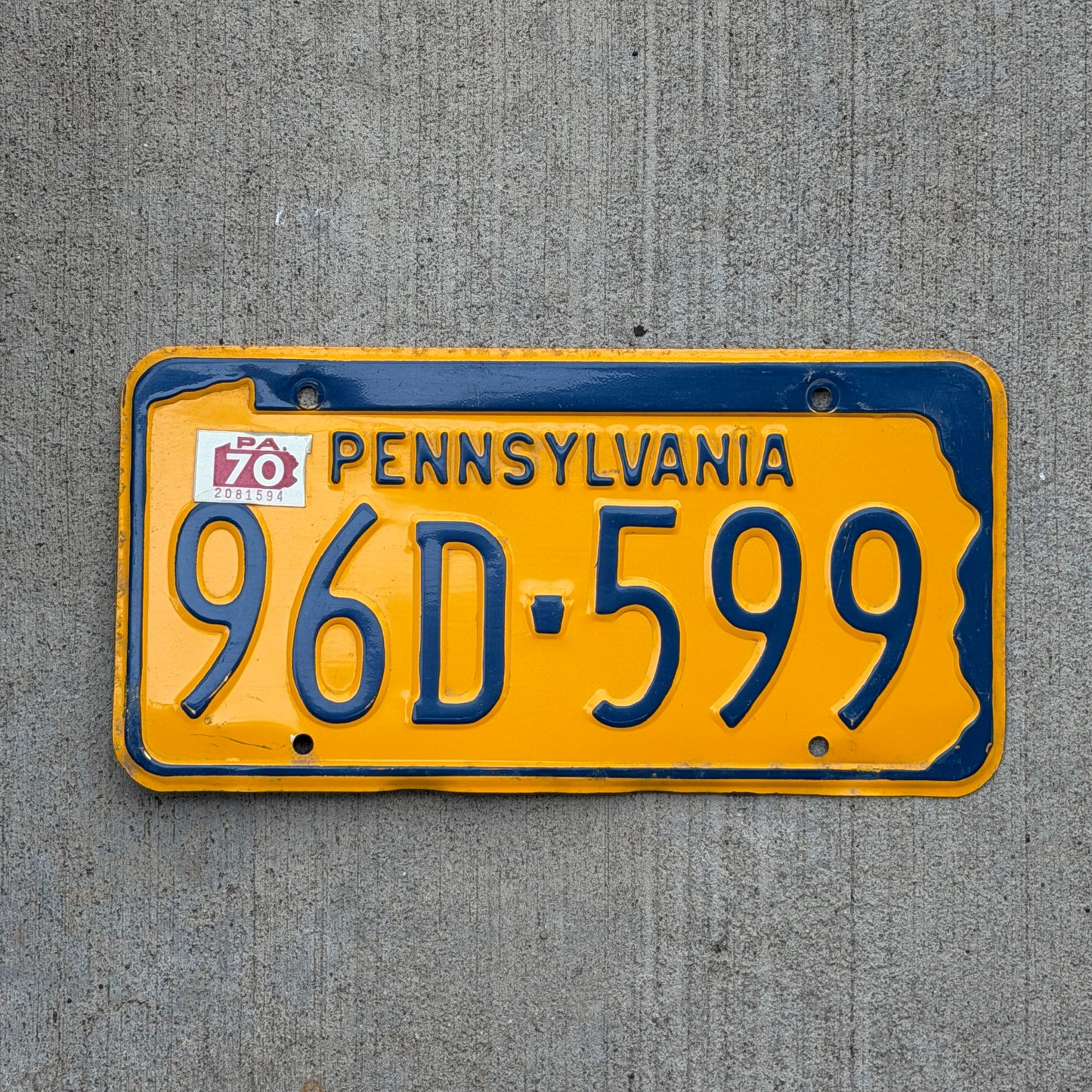 Photo of a 1965 1970 Pennsylvania License Plate Auto Tag Garage Decor Vintage 96D 599 with original patina