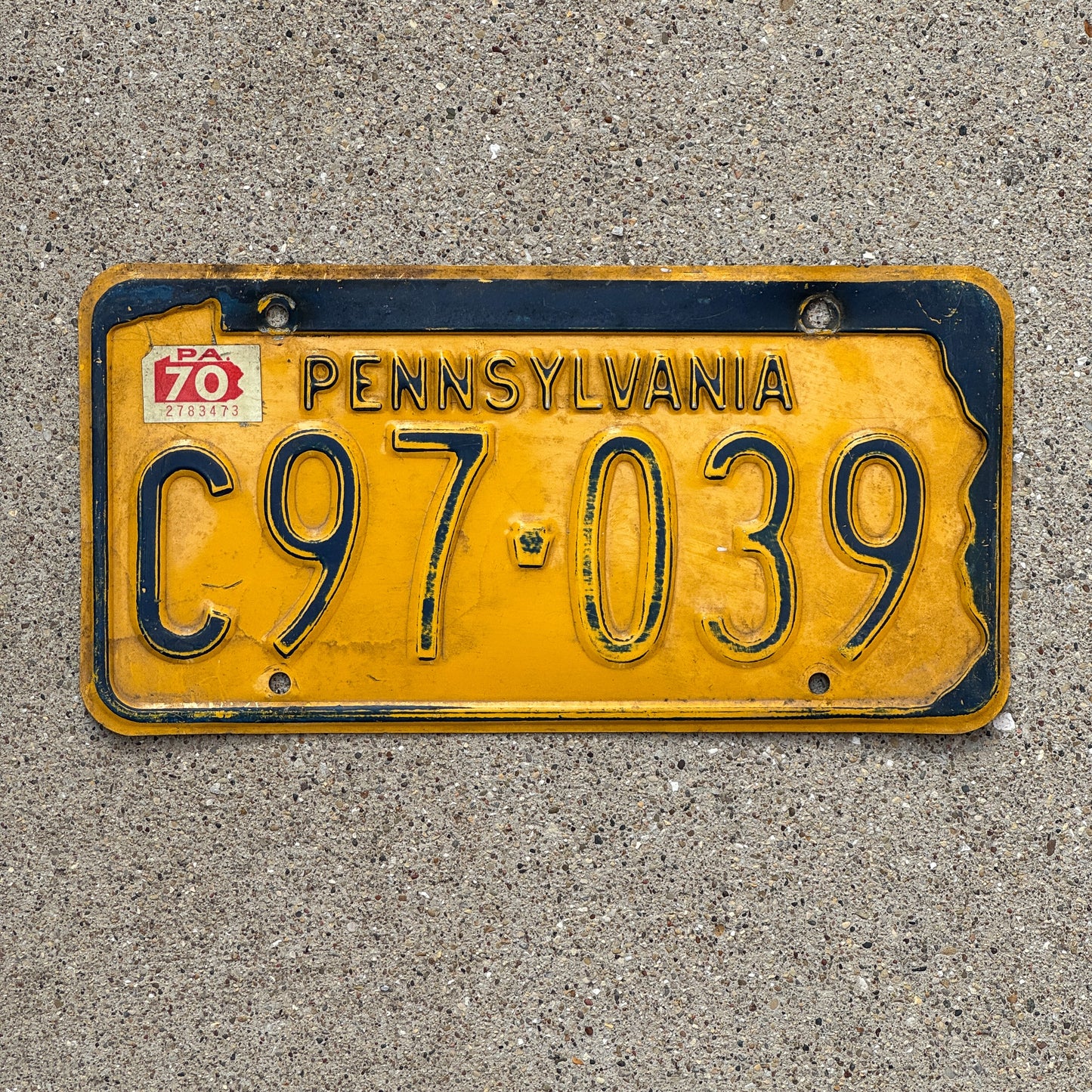 Photo of a 1965 1970 Pennsylvania License Plate Auto Tag Garage Decor Vintage C97 039 with original patina