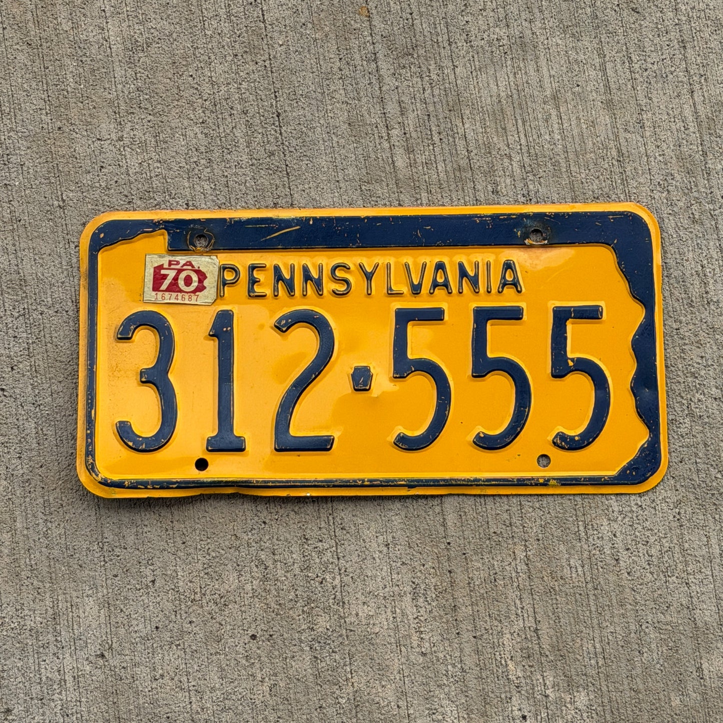 Photo of a 1965 1970 Pennsylvania License Plate Auto Tag Garage Decor Vintage Repeat Repeating 312 555 with original patina