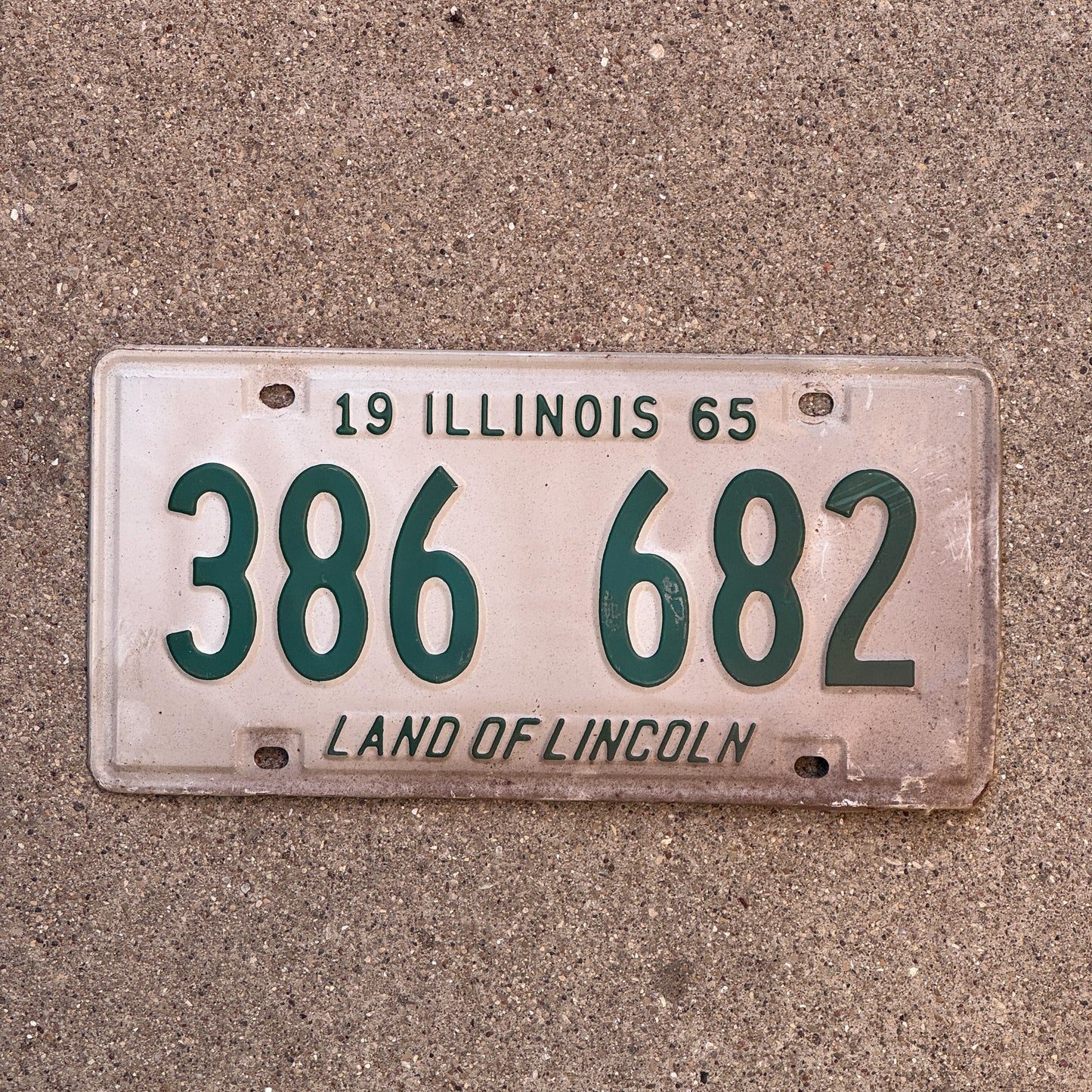 Photo of a 1965 Illinois License Plate Auto Tag 1 Vintage Garage 386 682 with original patina