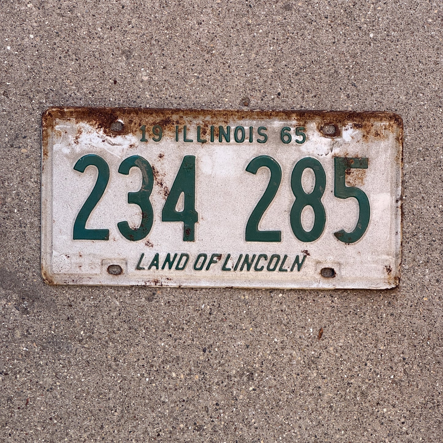 Photo of a 1965 Illinois License Plate Auto Tag 2 Vintage Garage 234 285 with original patina