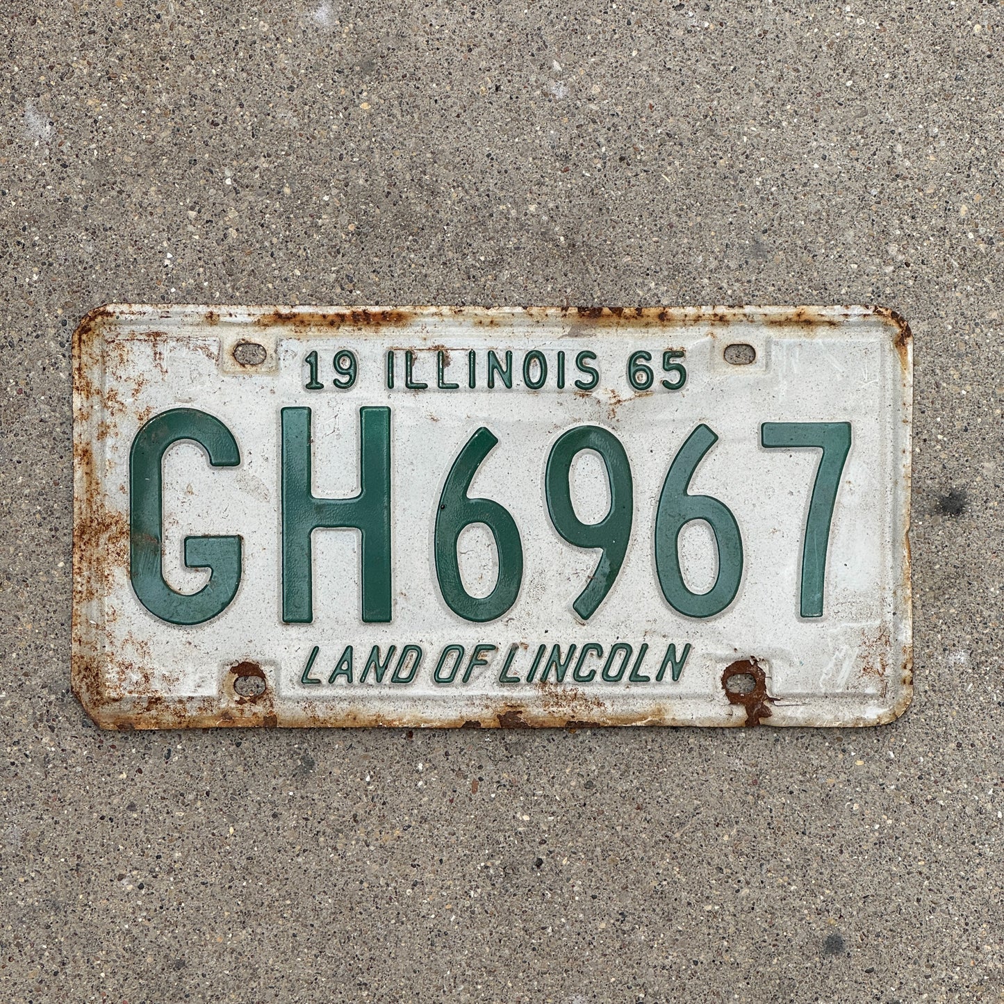 Photo of a 1965 Illinois License Plate Auto Tag 2 Vintage Garage GH 6967 with original patina