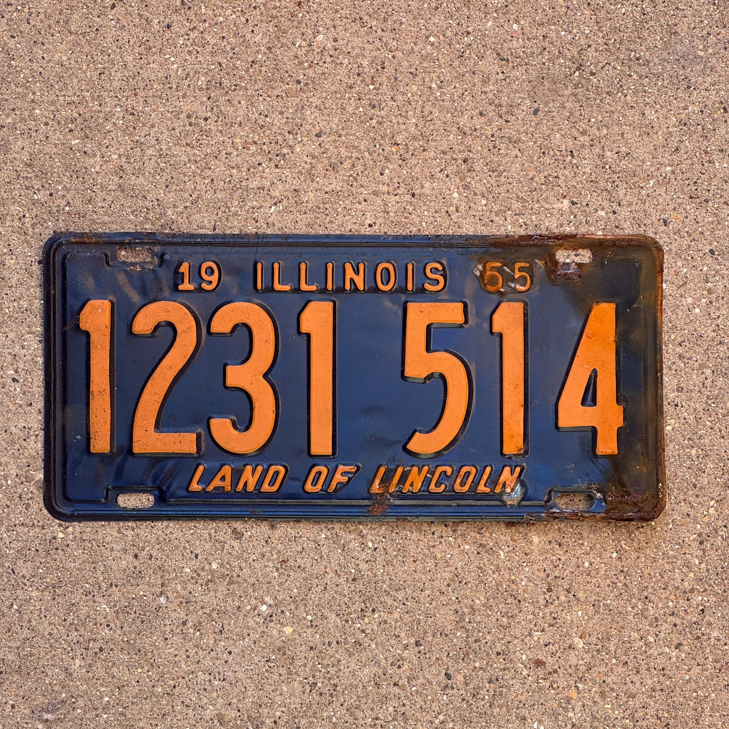 Photo of a 1965 Illinois License Plate Auto Tag Garage Decor Vintage 1 231 514 with original patina