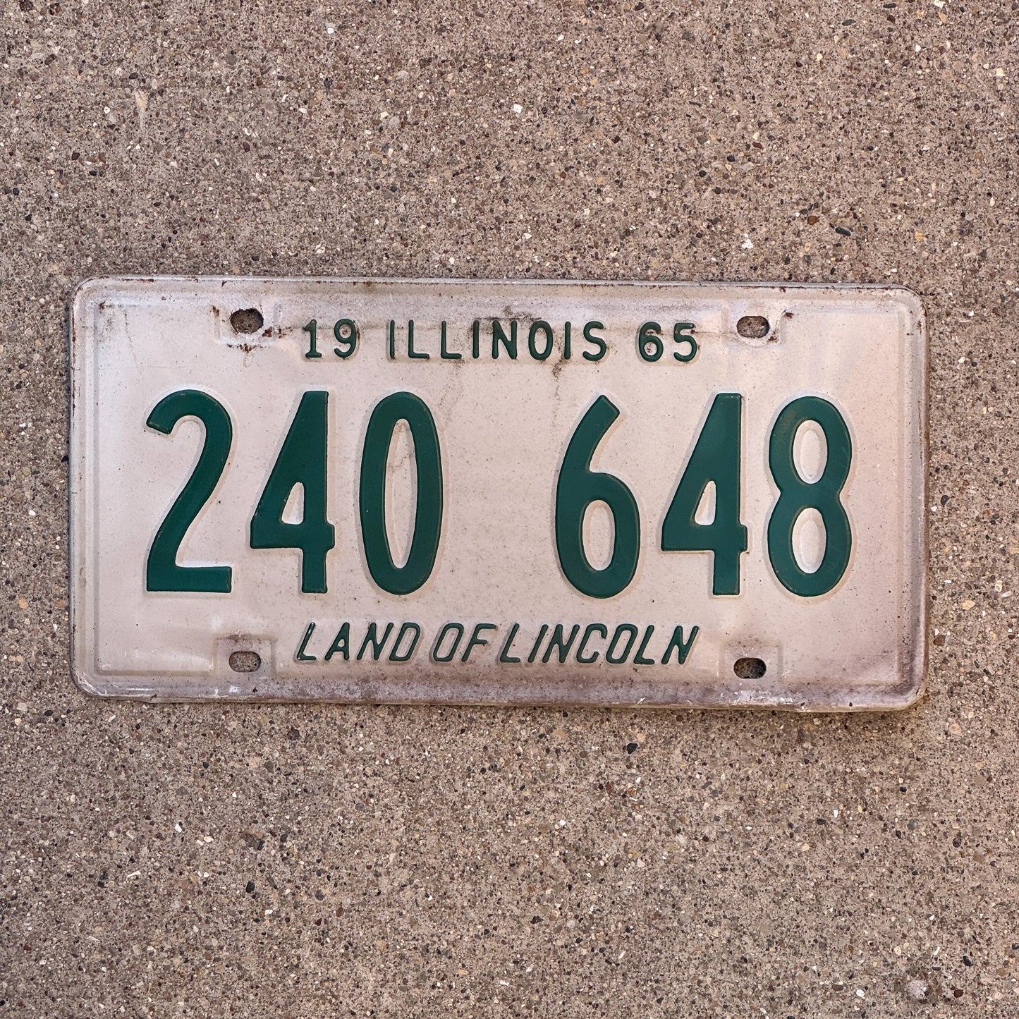 Photo of a 1965 Illinois License Plate Auto Tag Garage Decor Vintage 240 648 with original patina