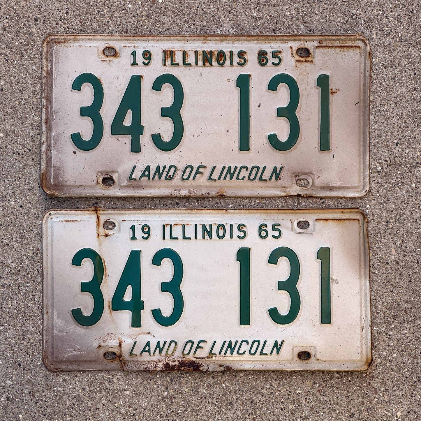 Photo of a 1965 Illinois License Plate Pair Auto Tag Garage Decor Vintage 343 131 with original patina