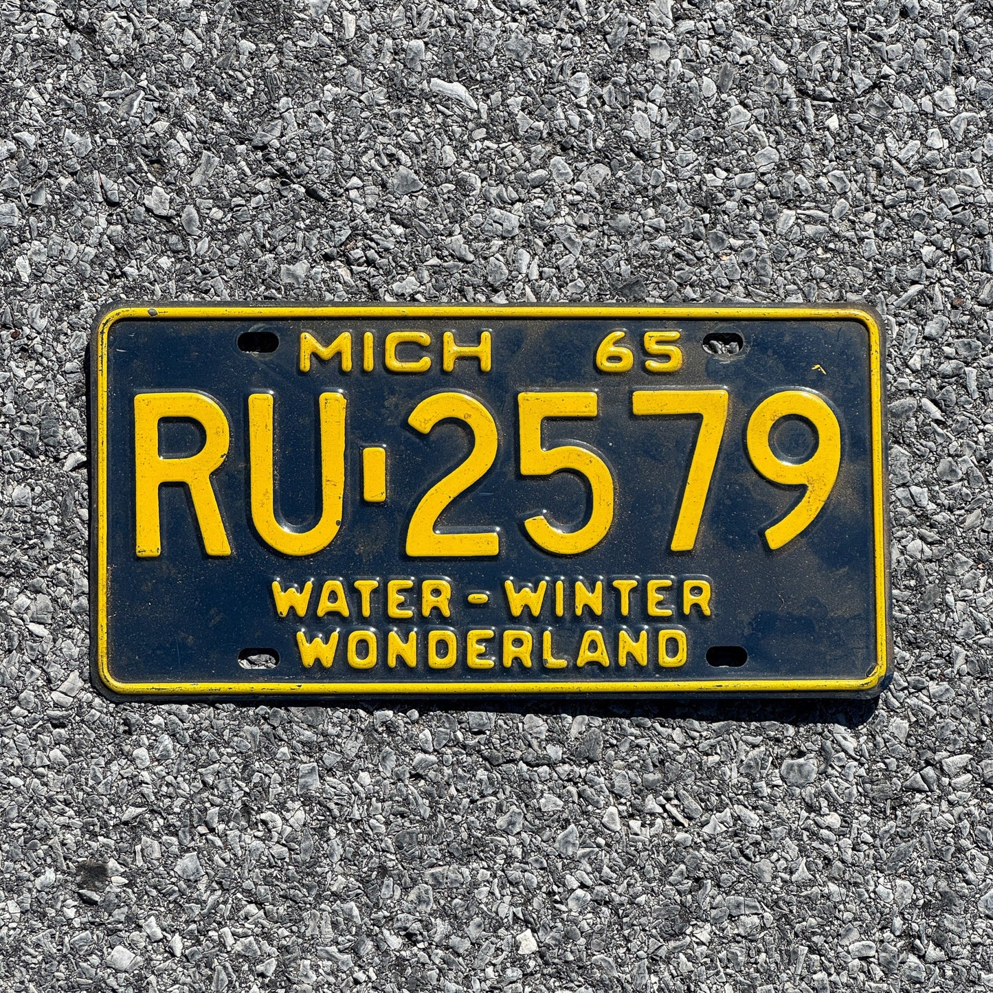 Photo of a 1965 Michigan License Plate Auto Tag Garage Decor Vintage RU 2579