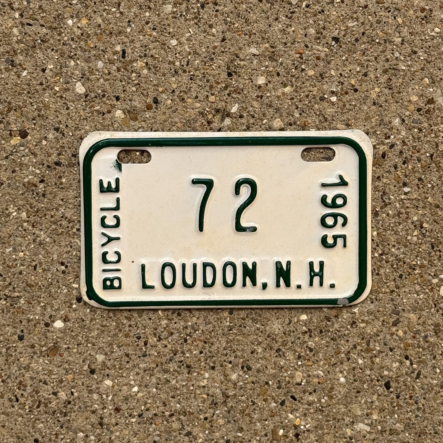 Photo of a 1965 New Hampshire Bicycle Auto Tag Garage Decor Vintage Loudon 72