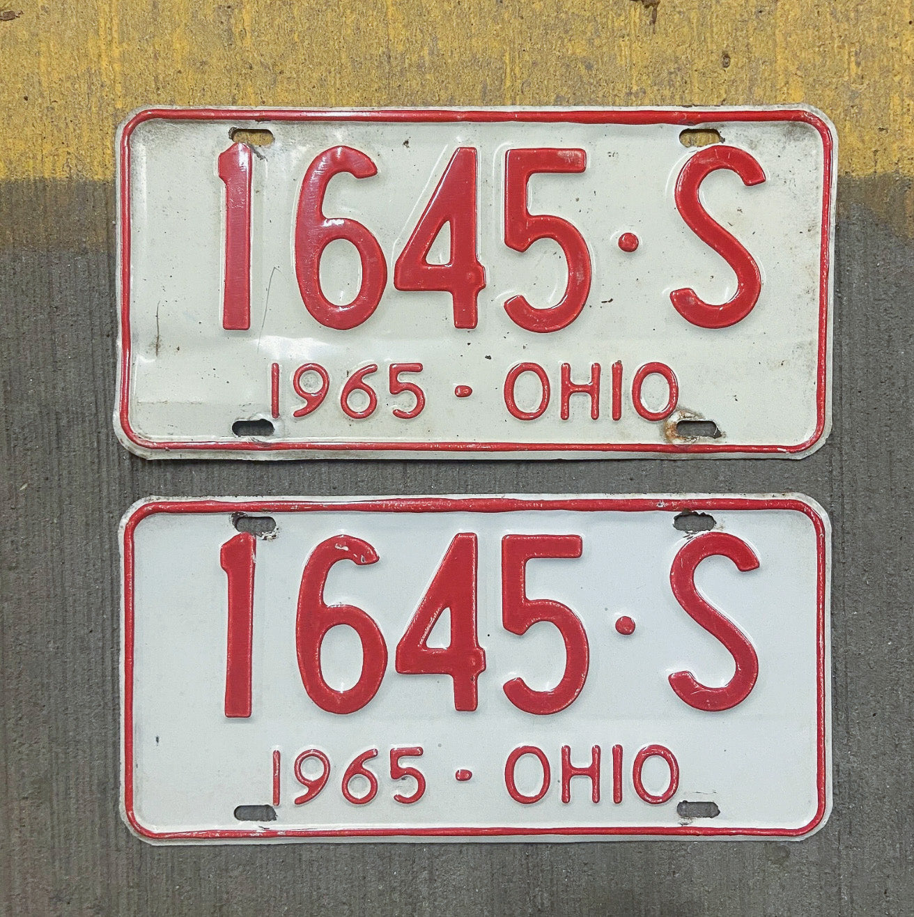 Photo of a 1965 Ohio License Plate Pair Auto Tag Garage Decor Vintage 1645 S with original patina
