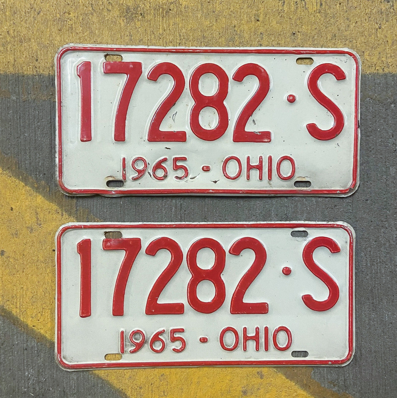 Photo of a 1965 Ohio License Plate Pair Auto Tag Garage Decor Vintage 17282 S with original patina