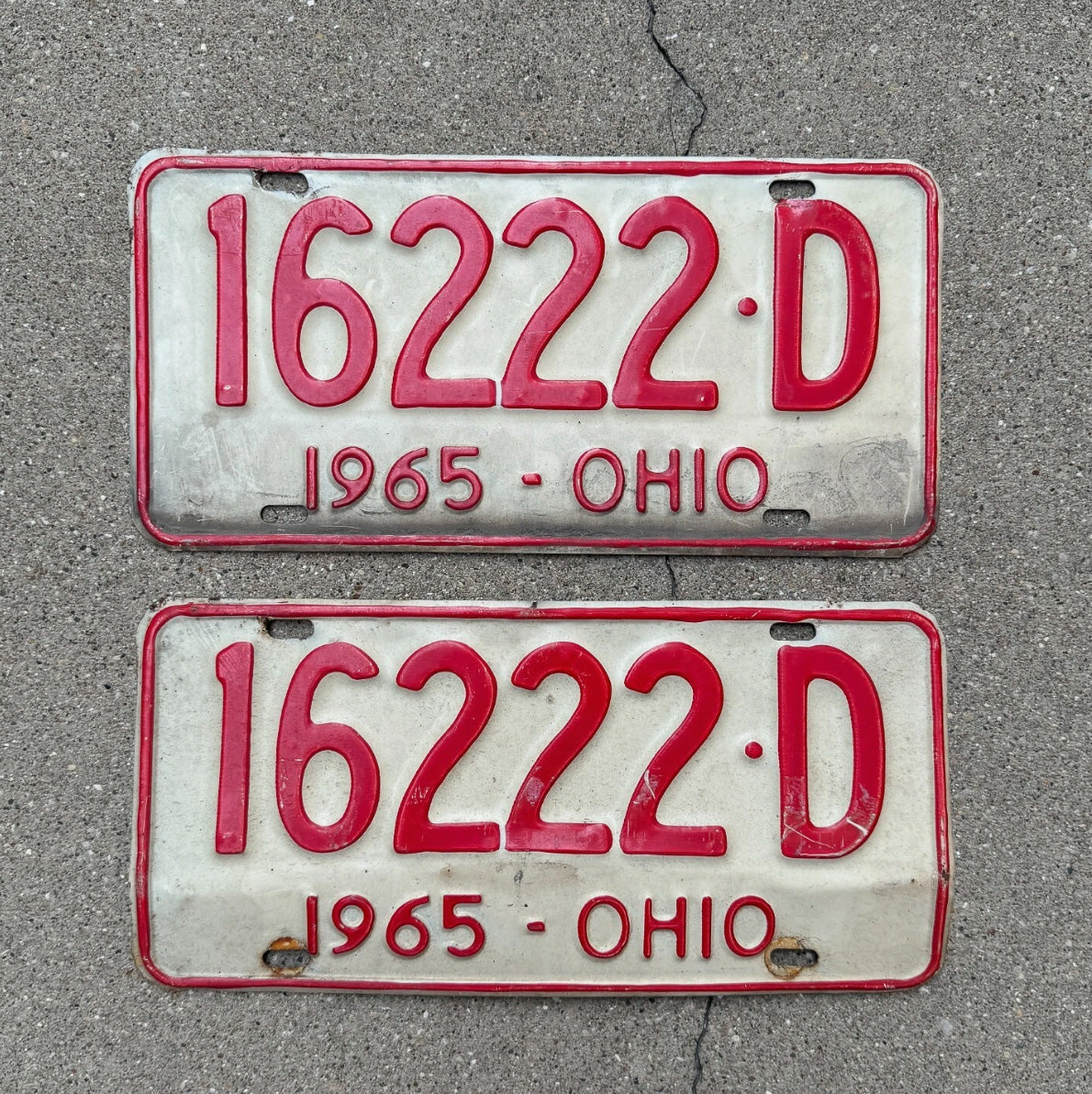 Photo of a 1965 Ohio License Plate Pair Auto Tag Garage Decor Vintage Repeat Repeating 16222 D with original patina