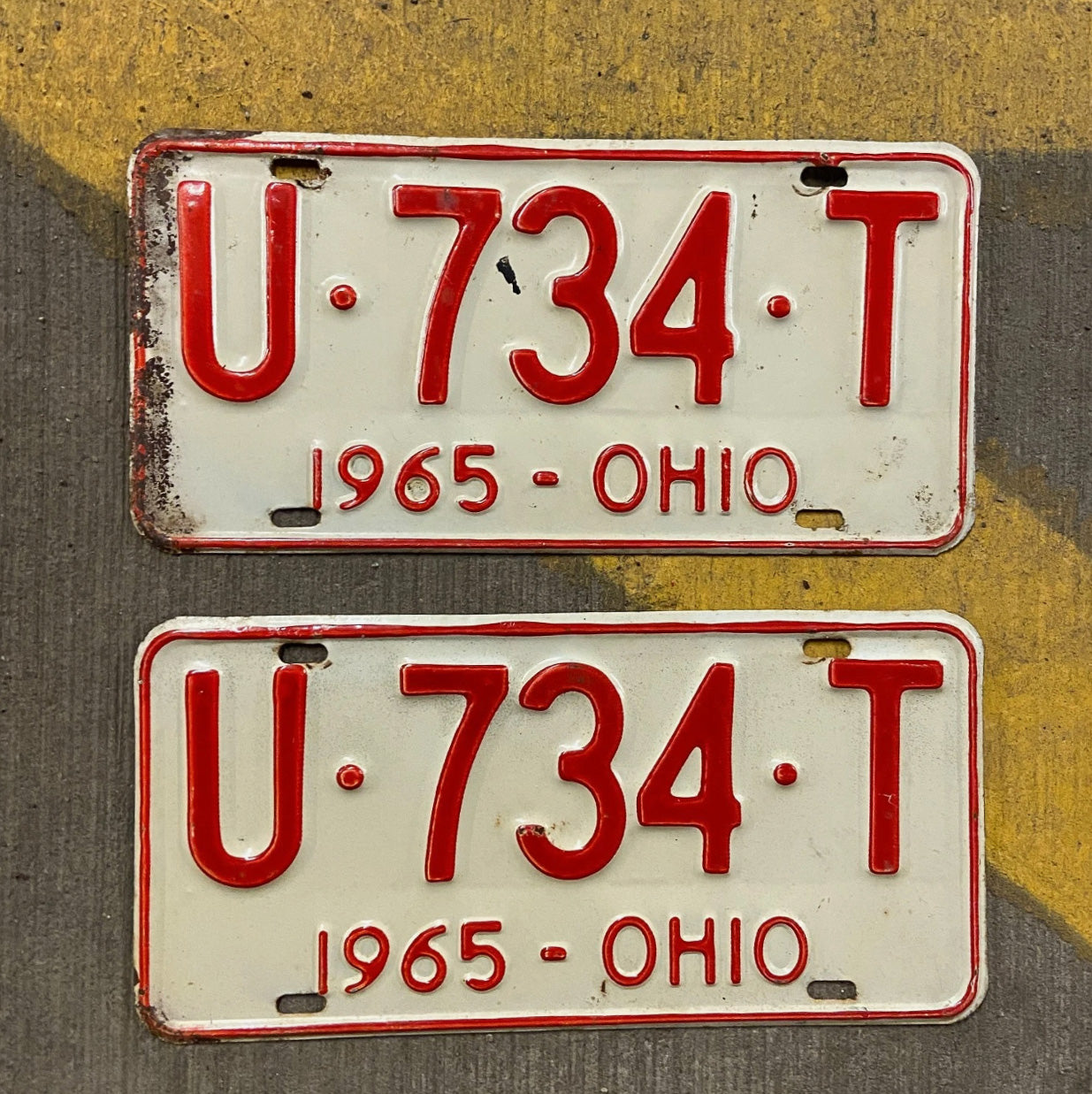 Photo of a 1965 Ohio License Plate Pair Auto Tag Garage Decor Vintage U 734 T with original patina