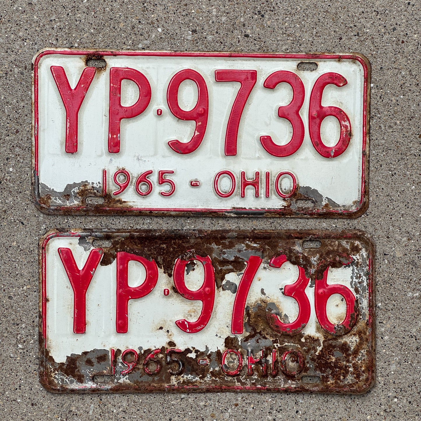 Photo of a 1965 Ohio License Plate Pair Auto Tag Garage Decor Vintage YP 9736 with original patina