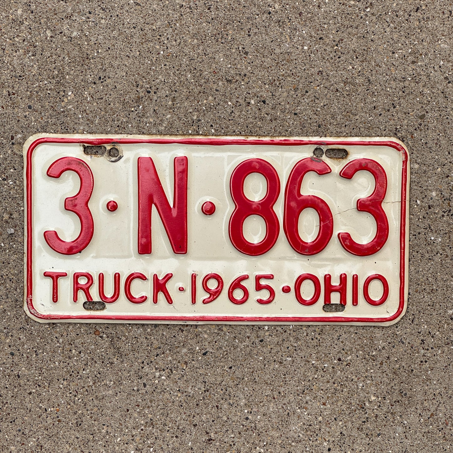 Photo of a 1965 Ohio Truck License Plate Auto Tag Garage Decor Vintage 3 N 863 with original patina