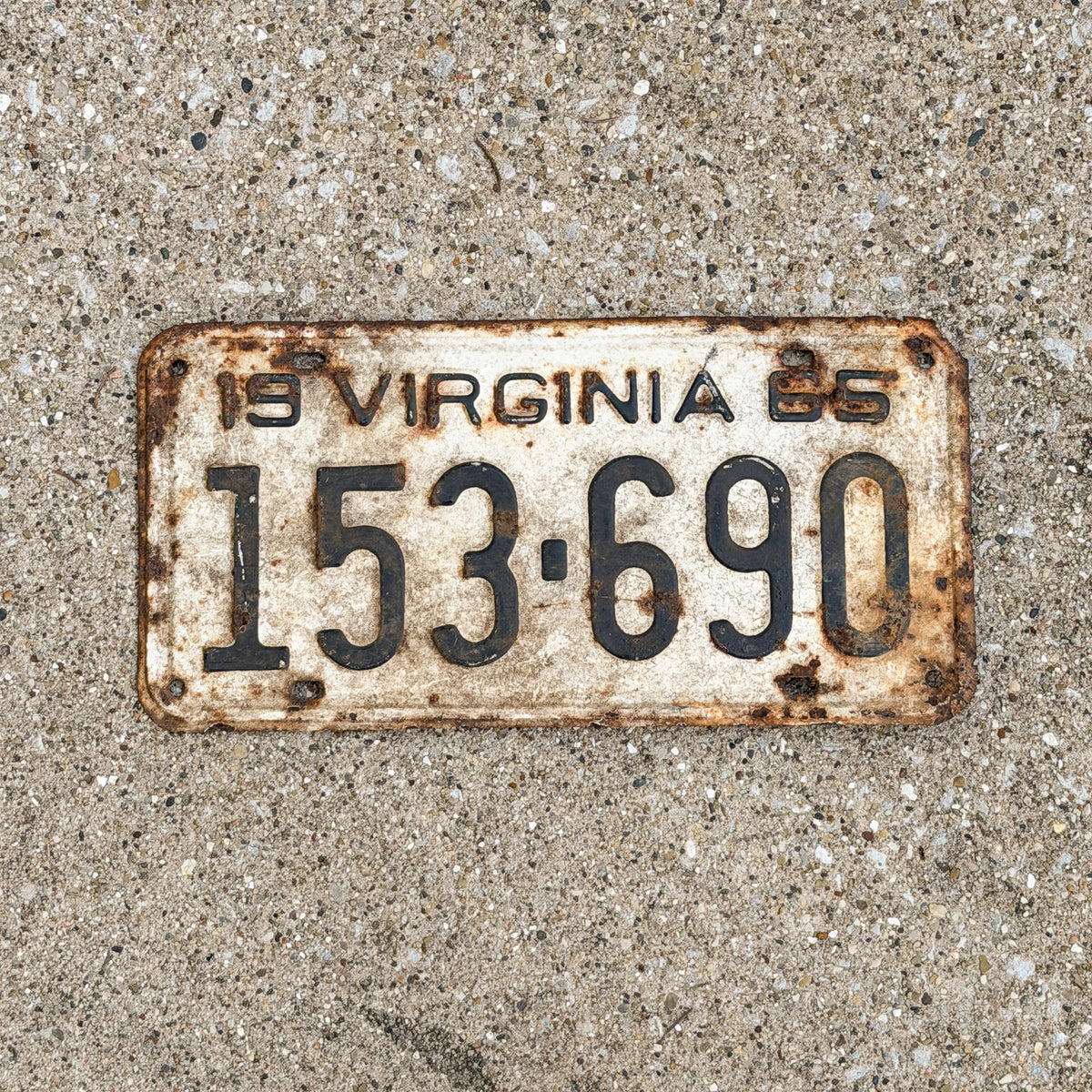 Photo of a 1965 Virginia License Plate Auto Tag Garage Decor Vintage 153 690 with original patina