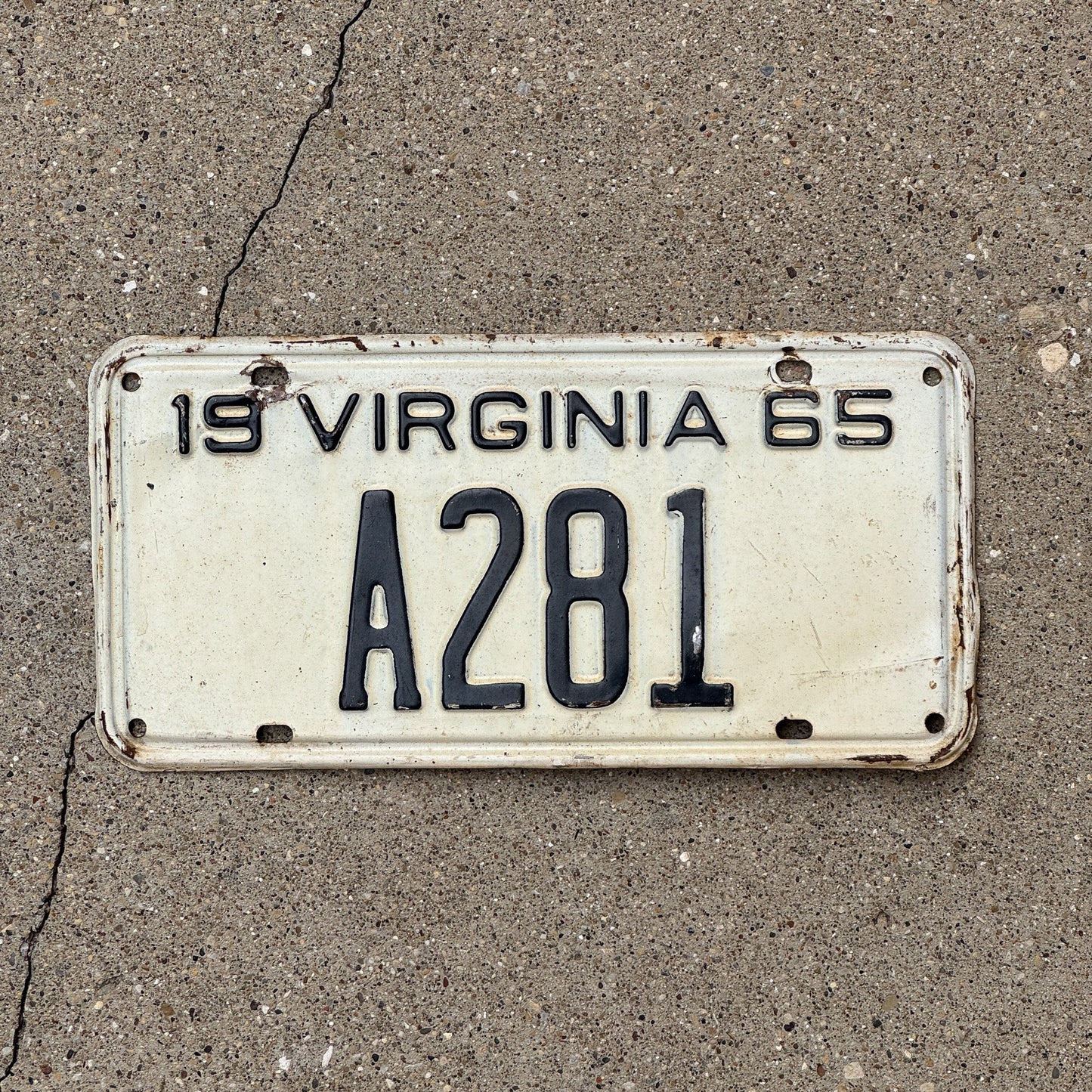 Photo of a 1965 Virginia License Plate Auto Tag Garage Decor Vintage Low Number Three Digit A 281