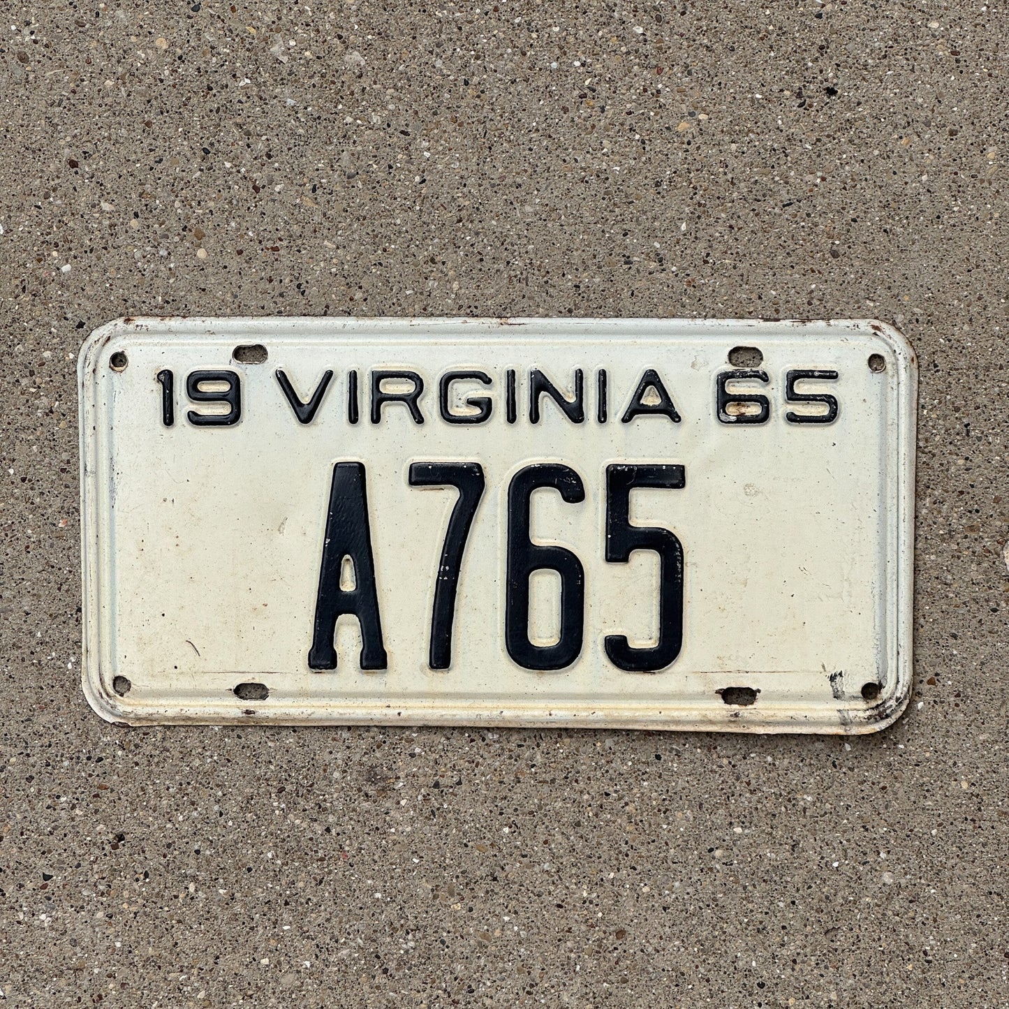 Photo of a 1965 Virginia License Plate Auto Tag Garage Decor Vintage Low Number Three Digit A 765