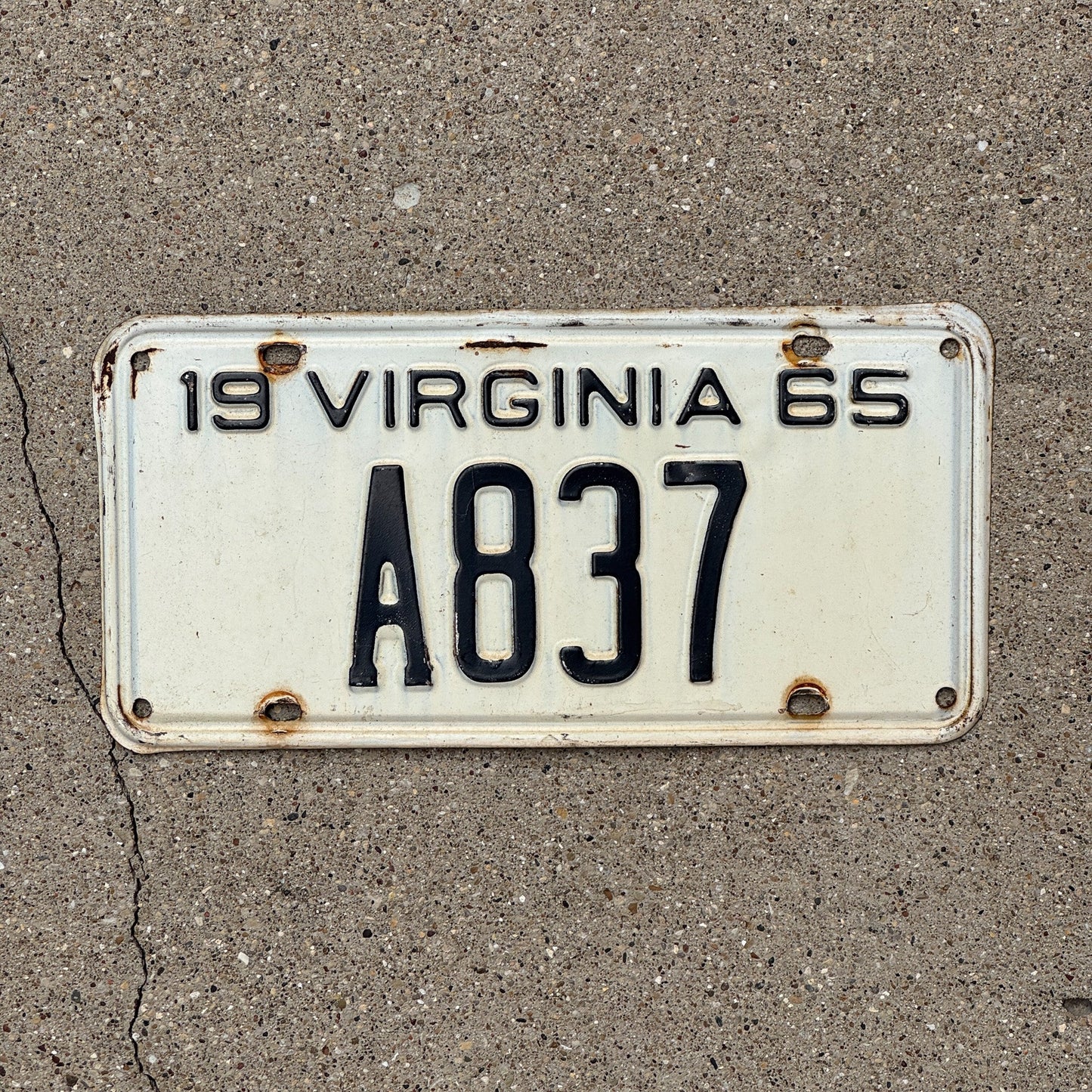 Photo of a 1965 Virginia License Plate Auto Tag Garage Decor Vintage Low Number Three Digit A 837