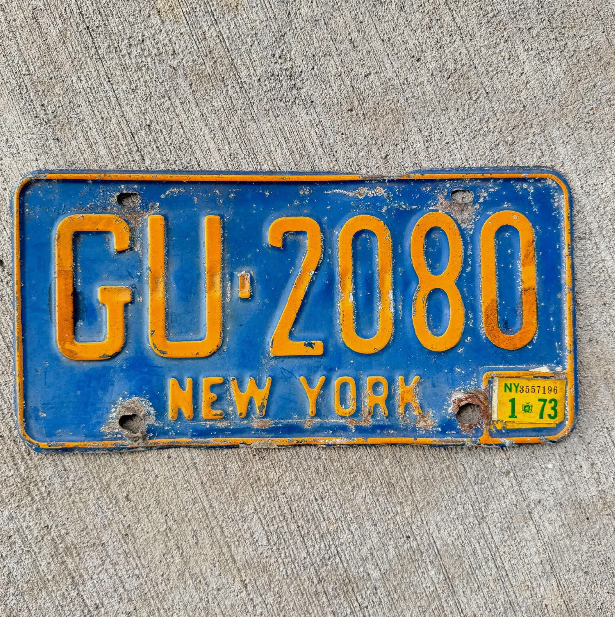 Photo of a 1966 1973 New York License Plate Auto Tag Garage Decor Vintage Blue GU 2080