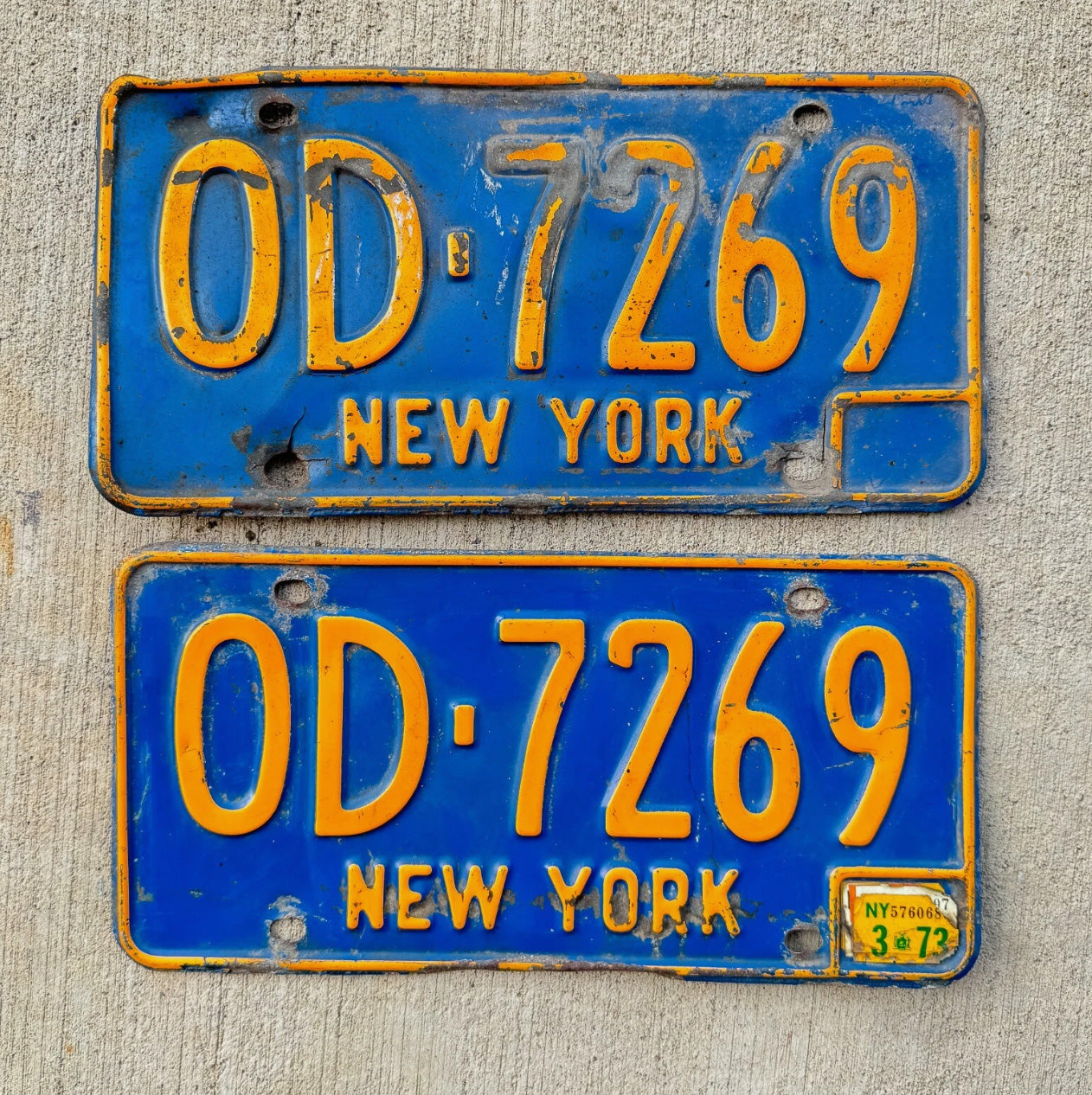 Photo of a 1966 1973 New York License Plate Pair Auto Tag Garage Decor Vintage Classic Car OD 7269