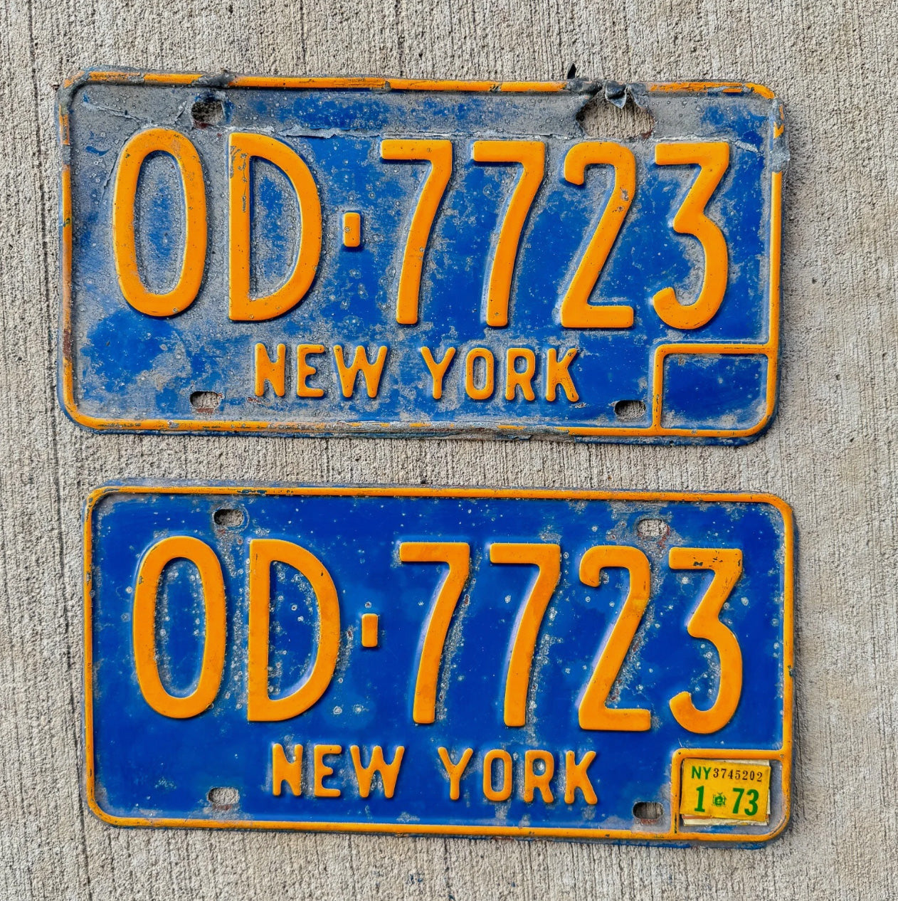 Photo of a 1966 1973 New York License Plate Pair Auto Tag Garage Decor Vintage Classic Car OD 7723