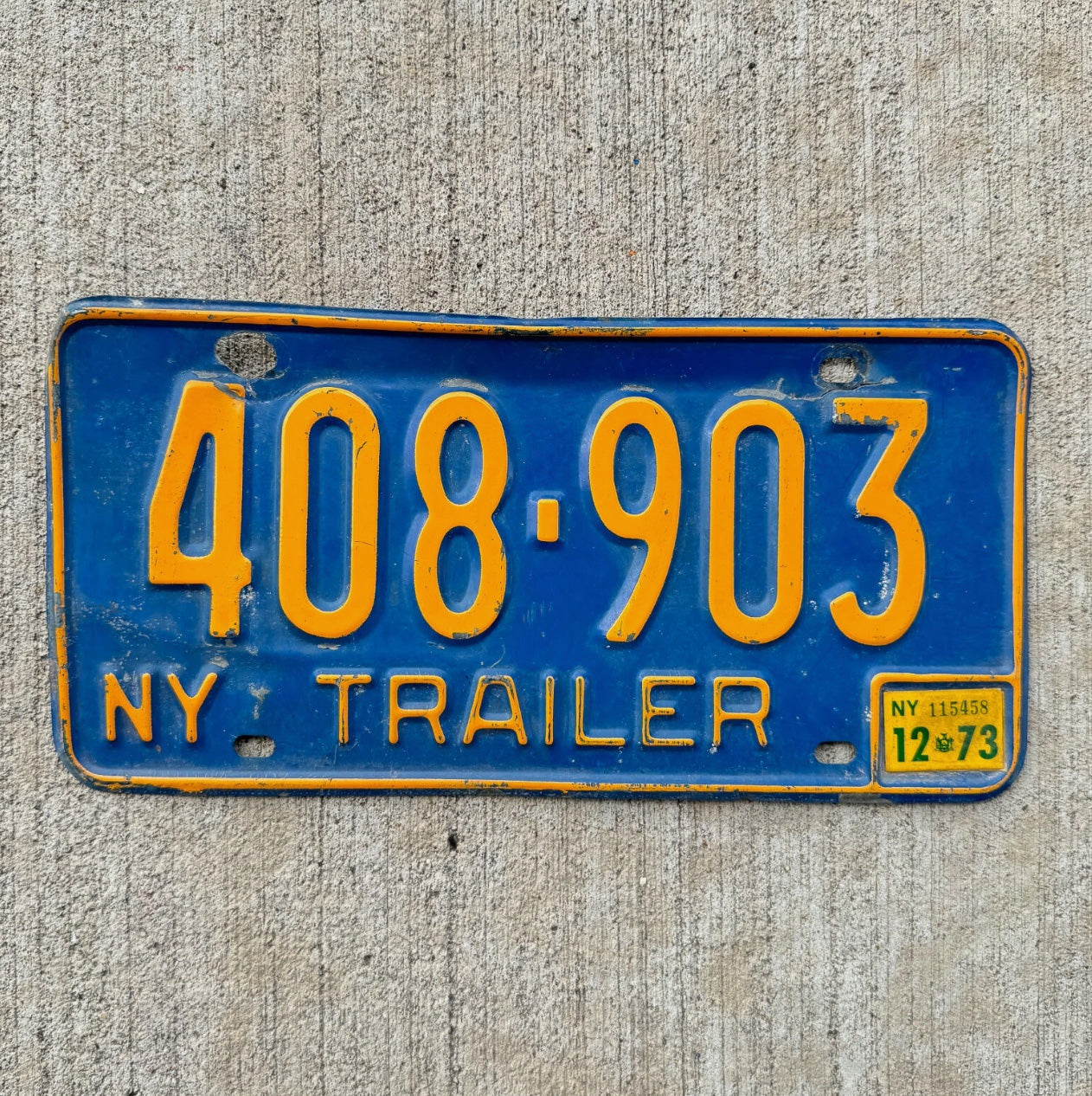 Photo of a 1966 1973 New York Trailer License Plate Auto Tag Garage Decor Vintage Blue 408 903