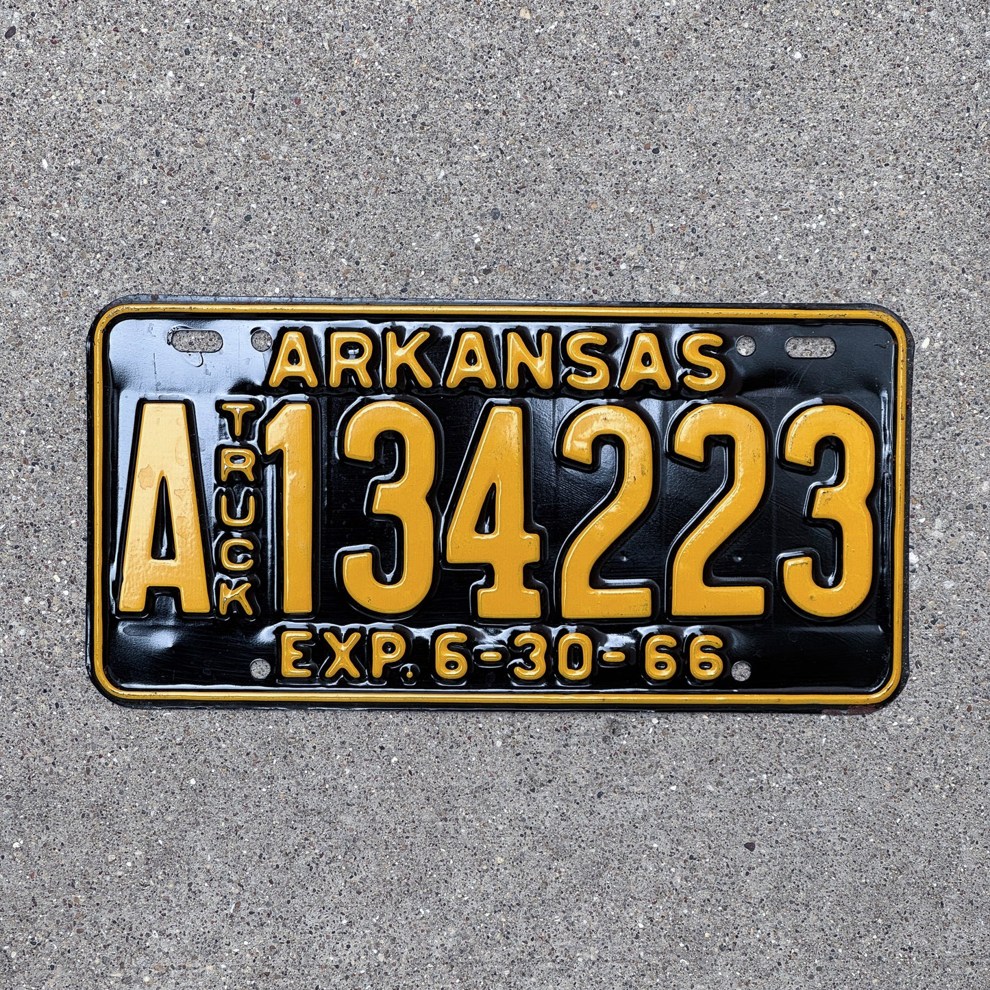 Photo of a 1966 Arkansas Truck License Plate Auto Tag Garage Decor Vintage A 134223 with original patina