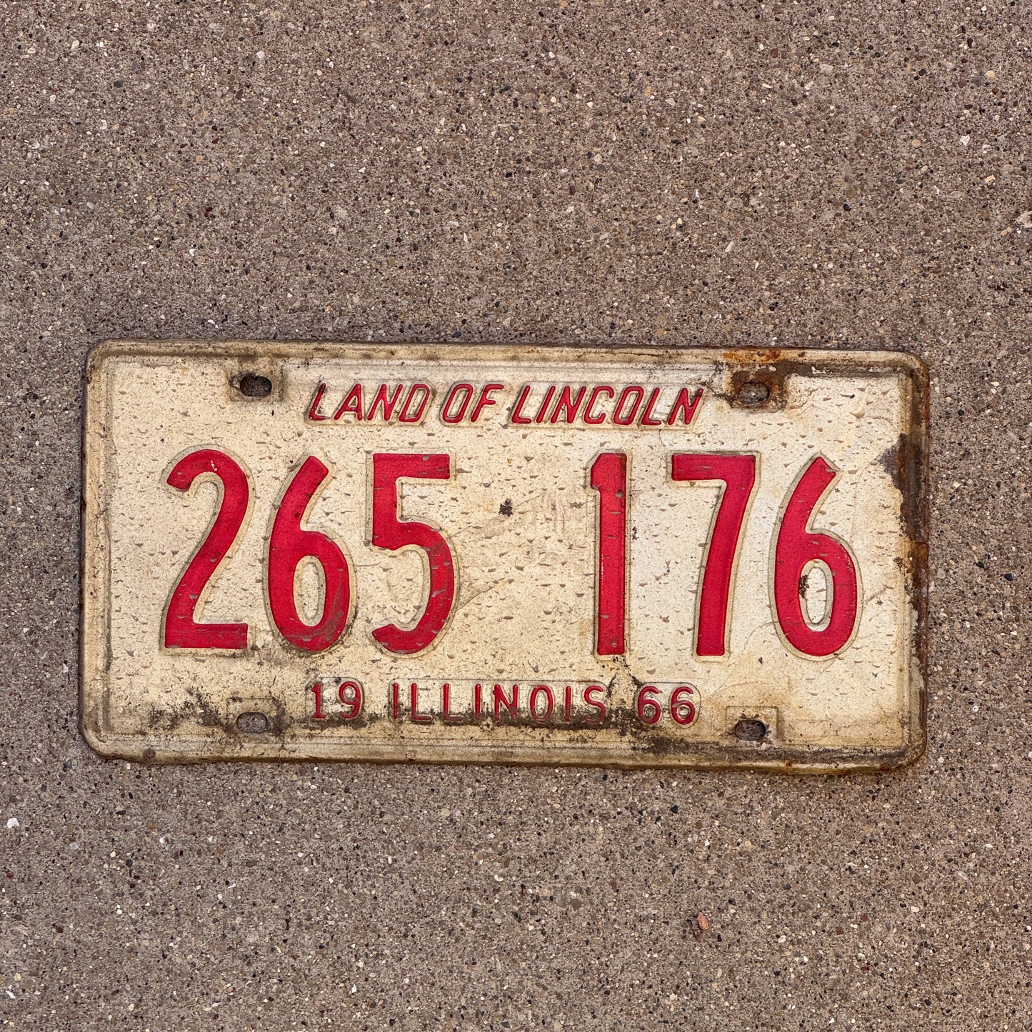 Photo of a 1966 Illinois License Plate Auto Tag 2 Vintage Garage 265 176 with original patina