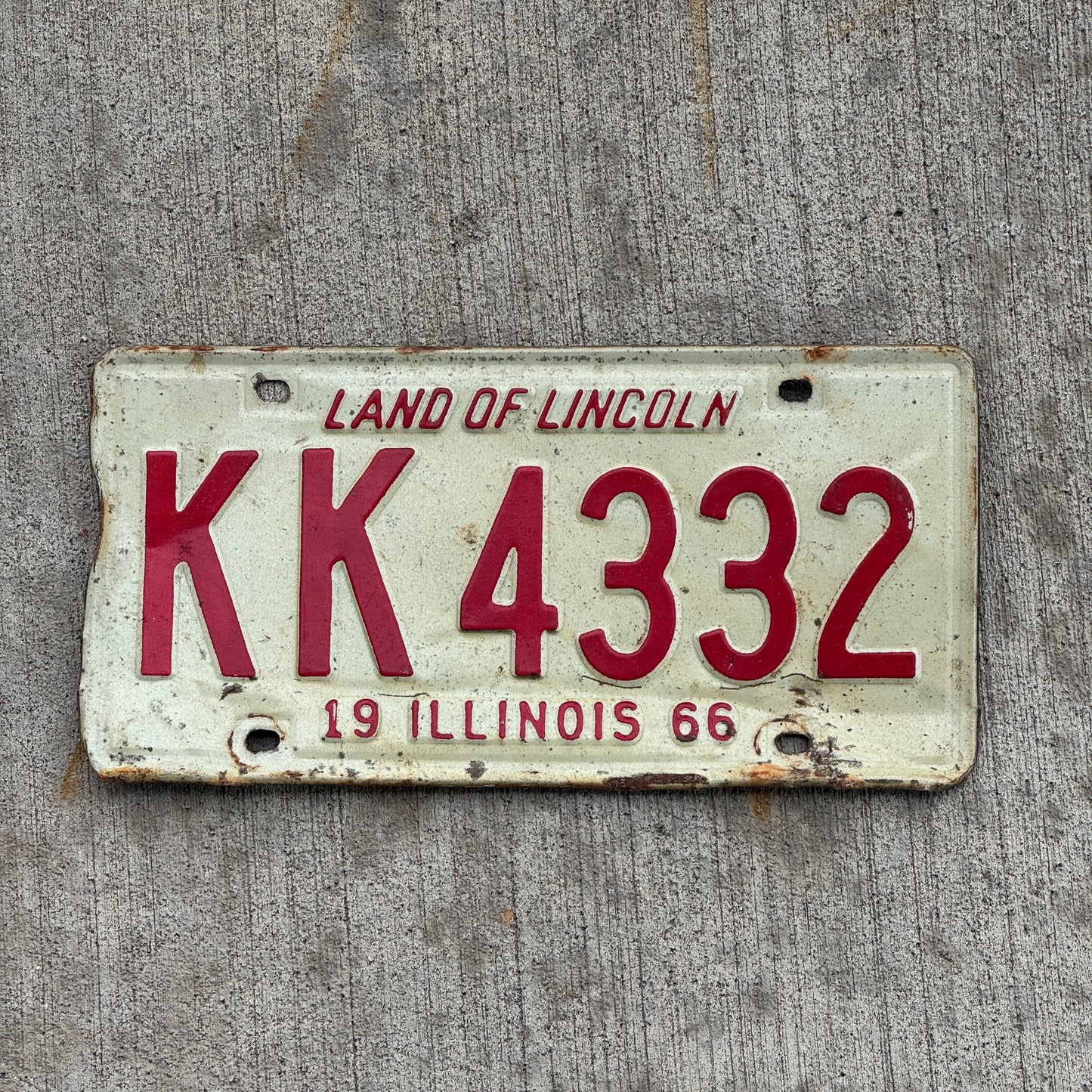 Photo of a 1966 Illinois License Plate Auto Tag 2 Vintage Garage KK 4332 with original patina