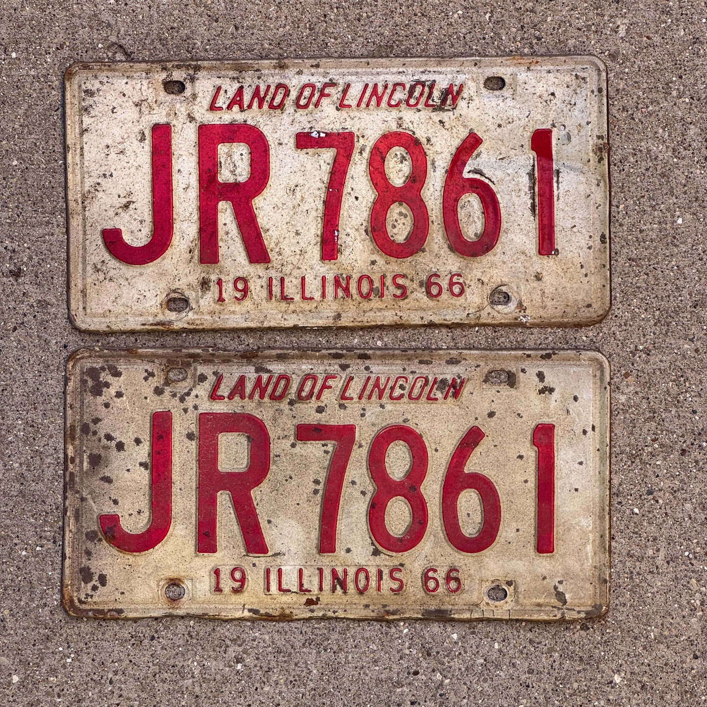 Photo of a 1966 Illinois License Plate Pair Auto Tag Garage Decor Vintage JR 7861 with original patina