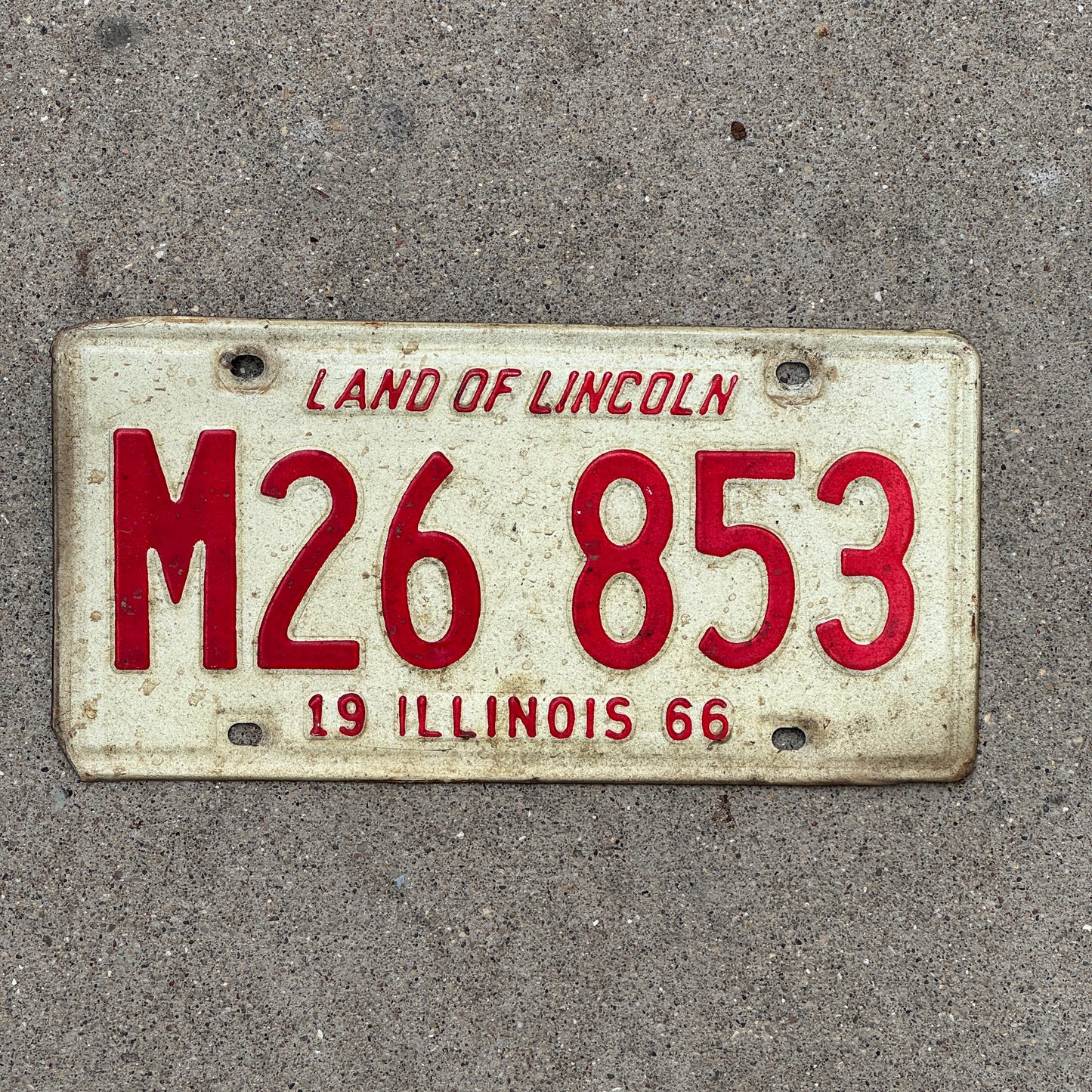 Photo of a 1966 Illinois Municipal License Plate Auto Tag 1 Vintage Garage M 26 853 with original patina