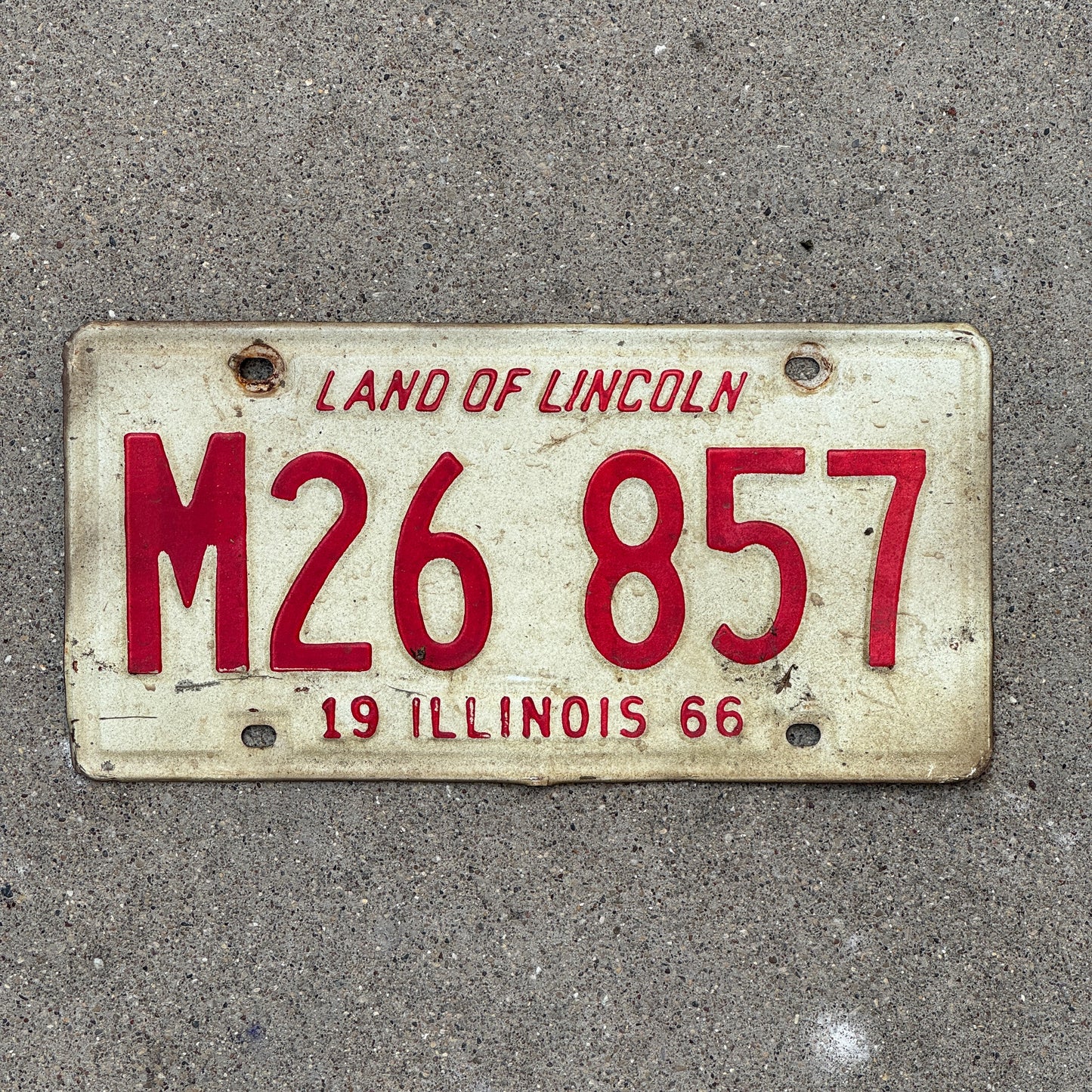 Photo of a 1966 Illinois Municipal License Plate Auto Tag 1 Vintage Garage M 26 857 with original patina