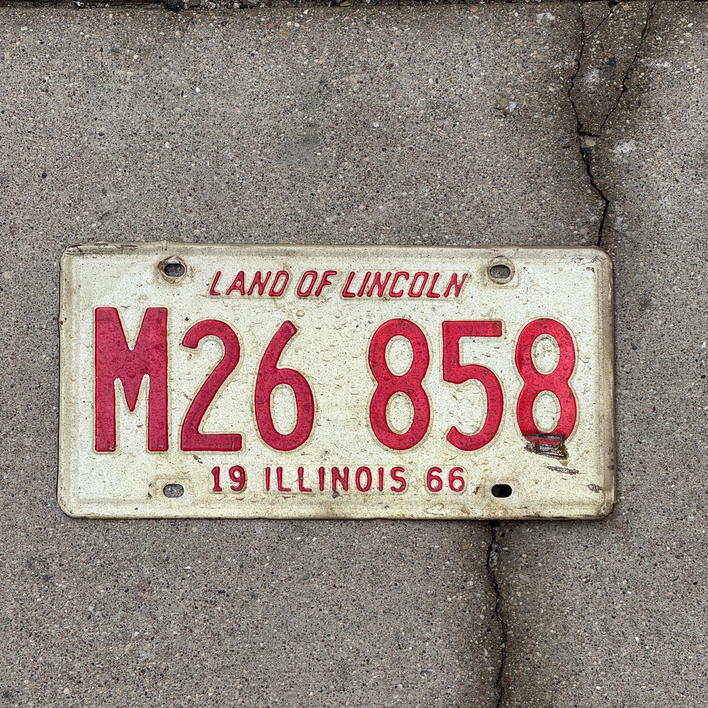 Photo of a 1966 Illinois Municipal License Plate Auto Tag 1 Vintage Garage M 26 858 with original patina