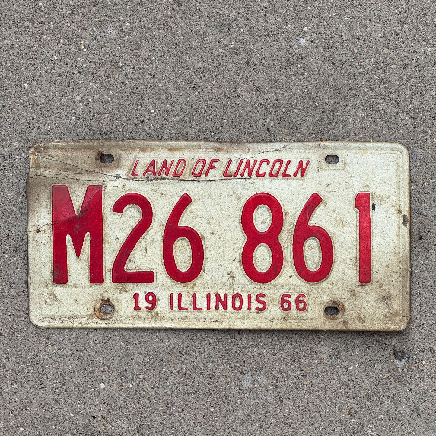 Photo of a 1966 Illinois Municipal License Plate Auto Tag 1 Vintage Garage M 26 861 with original patina