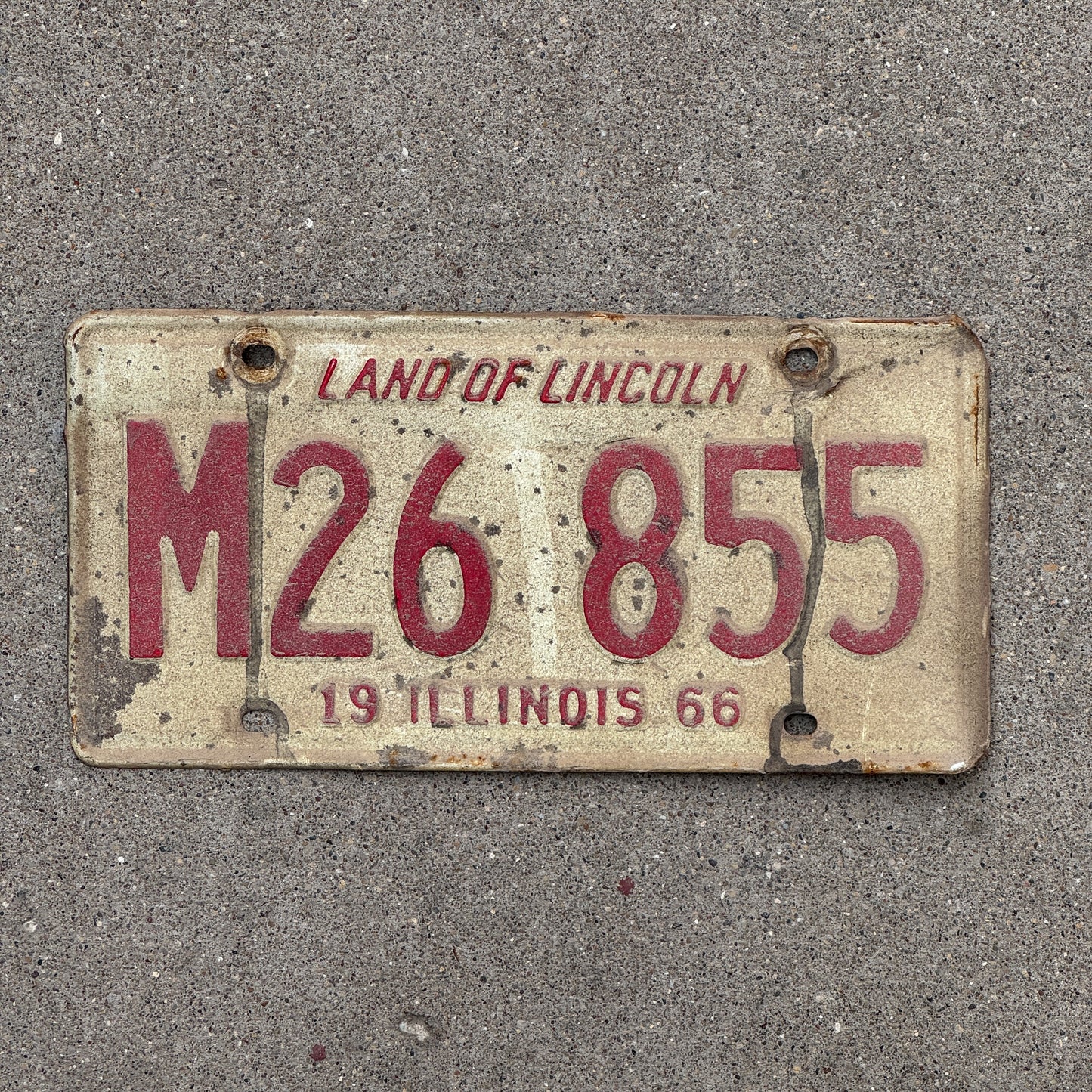 Photo of a 1966 Illinois Municipal License Plate Auto Tag 2 Vintage Garage M 26 855 with original patina