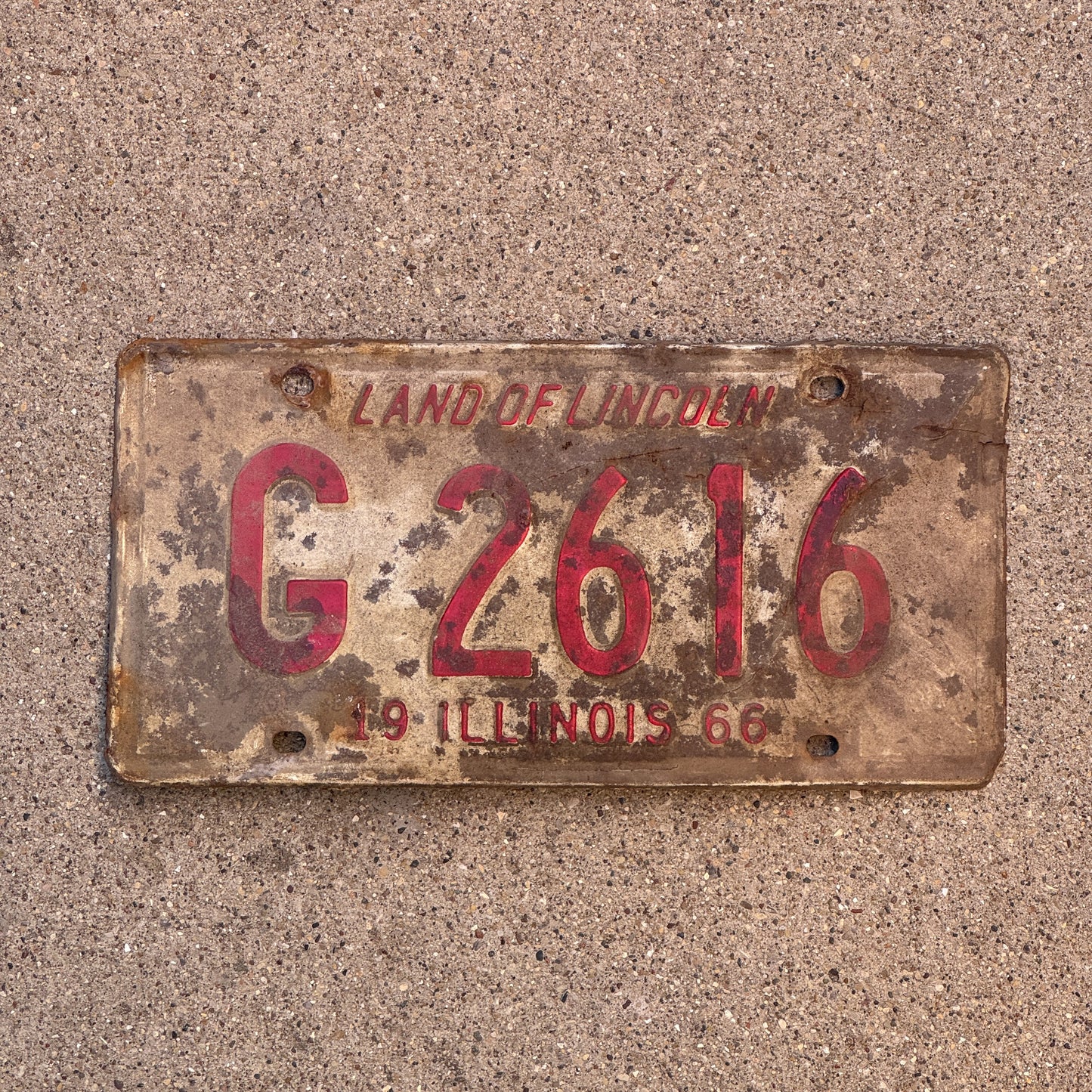 Photo of a 1966 Illinois Truck License Plate Auto Tag 2 Vintage Garage G 2616 with original patina