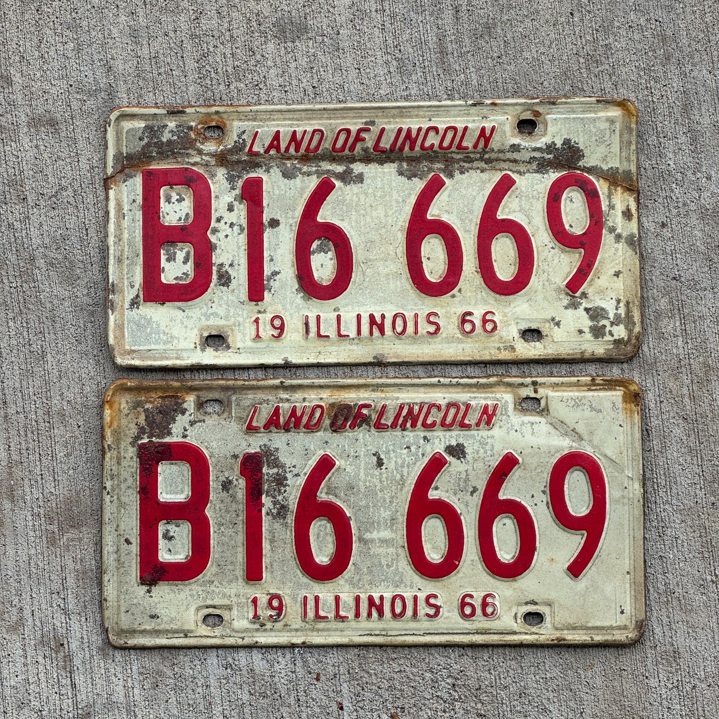 Photo of a 1966 Illinois Truck License Plate Pair Auto Tag Garage Decor Vintage Devil Evil 666 Repeat Repeating B 16 669 with original patina