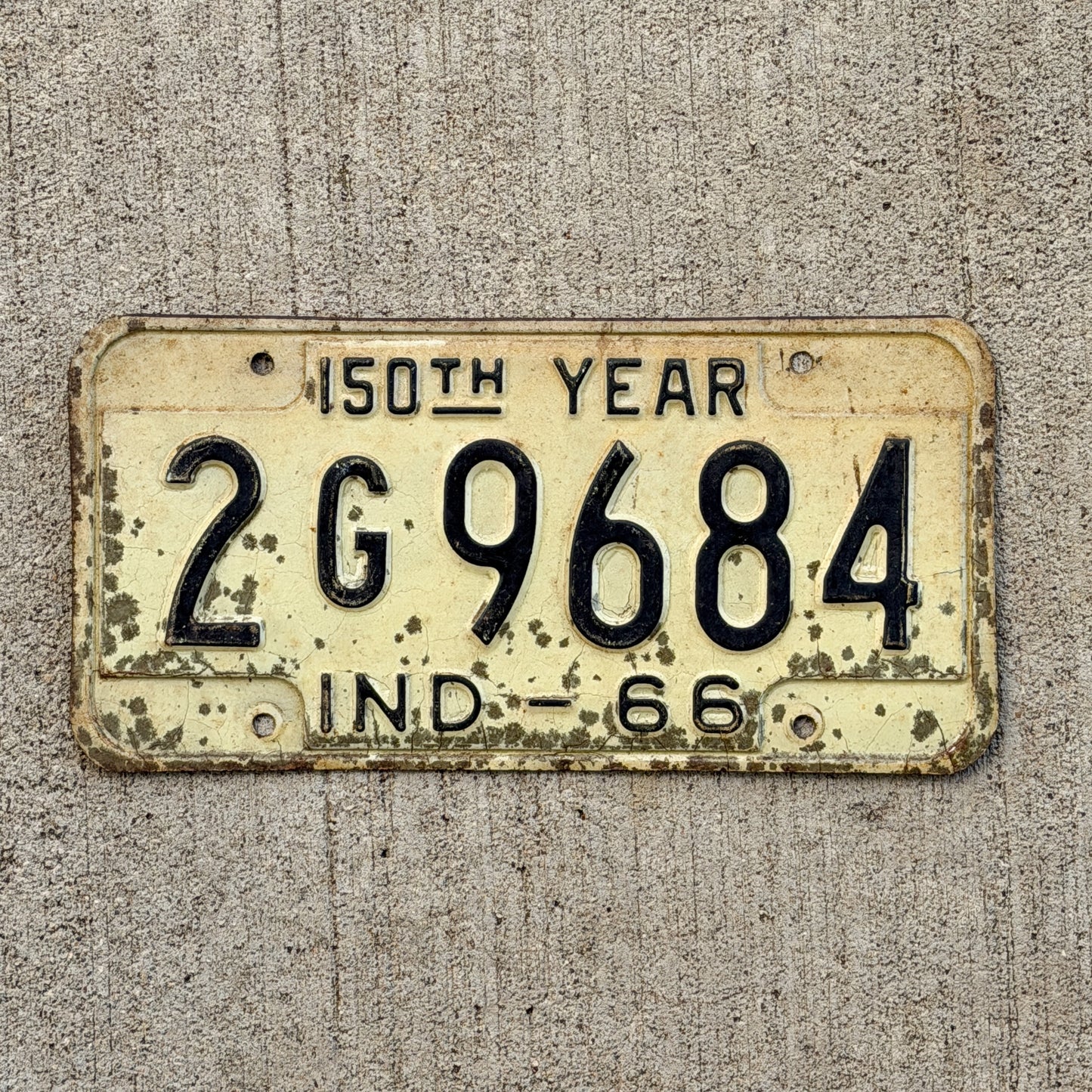 Photo of a 1966 Indiana License Plate Auto Tag Garage Decor Vintage 2 G 9684 with original patina