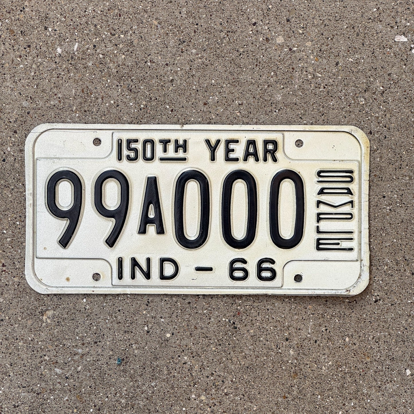 Photo of a 1966 Indiana Sample License Plate Auto Tag 2 Garage Decor 99A000 with original patina