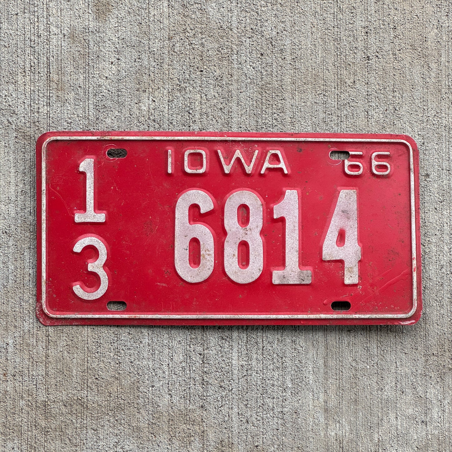 Photo of a 1966 Iowa License Plate Auto Tag Garage Decor Vintage 13 6814 with original patina