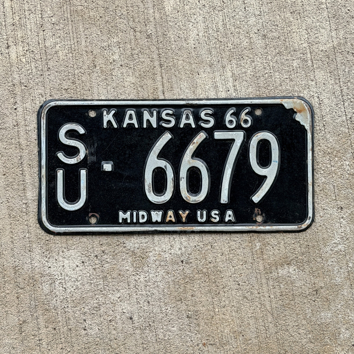 Photo of a 1966 Kansas License Plate Auto Tag Garage Decor Vintage SU 6679 with original patina