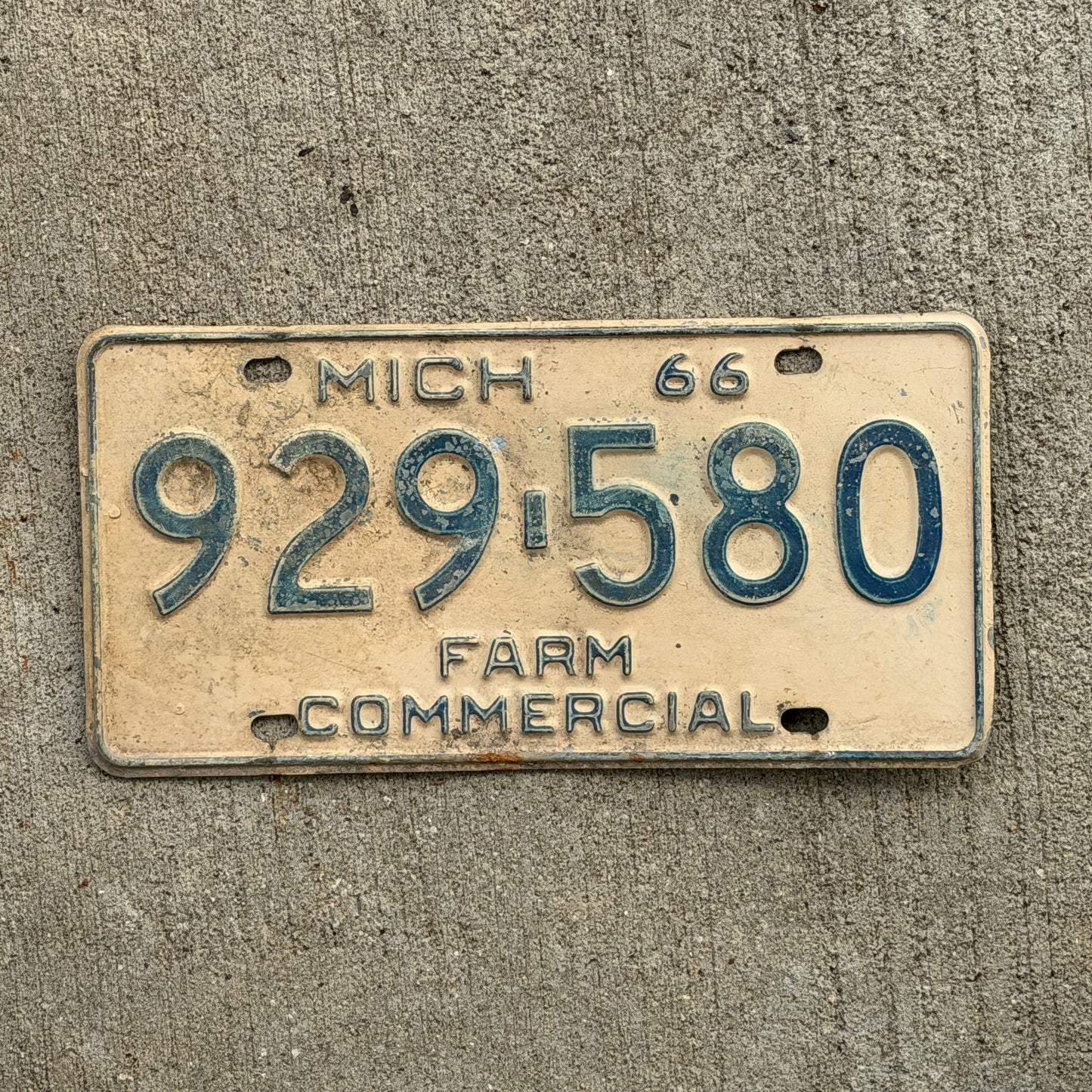 Photo of a 1966 Michigan Farm License Plate Auto Tag Garage Decor Vintage 929 580 with original patina