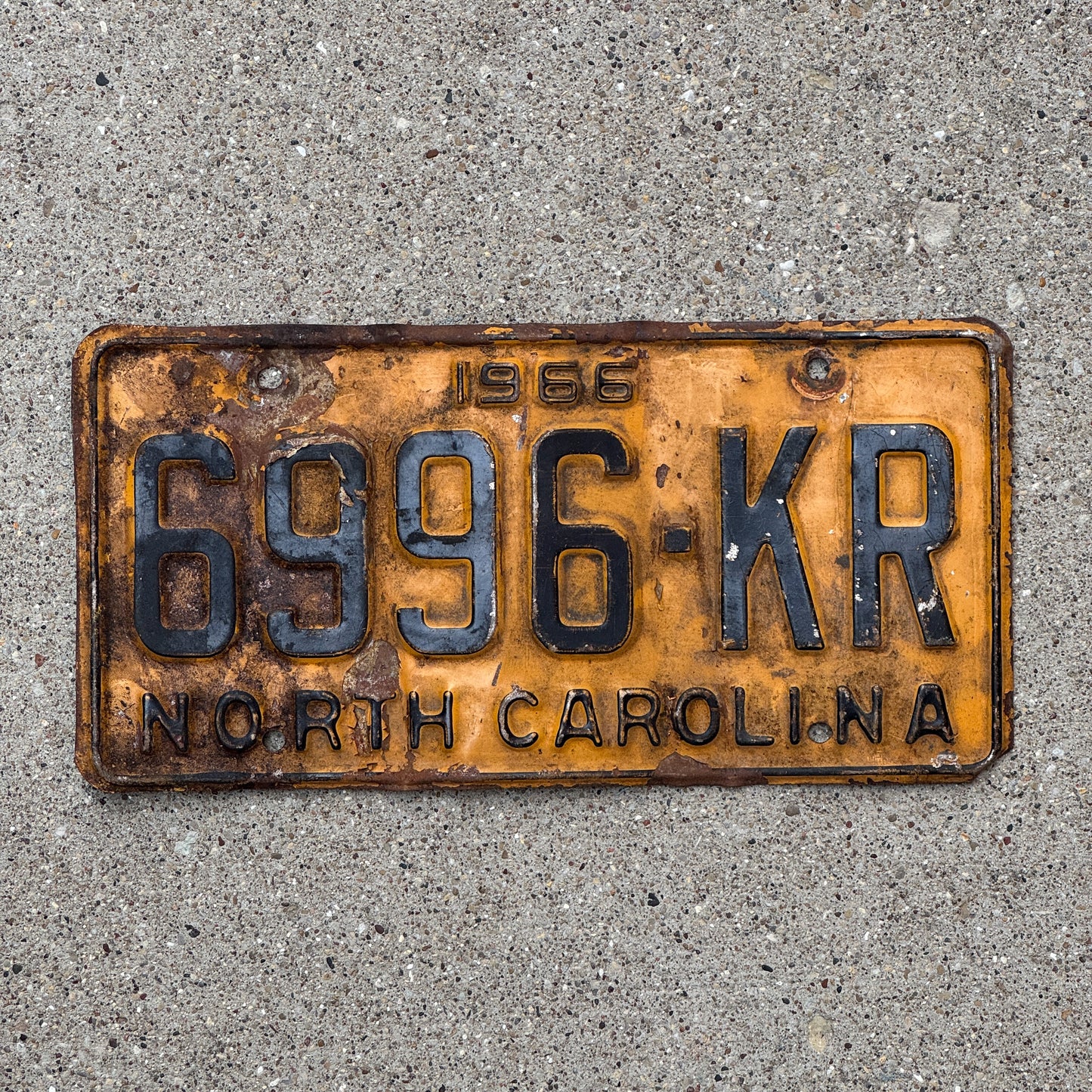 Photo of a 1966 North Carolina Trailer License Plate Auto Tag Garage Decor Vintage Private Trailer 6996 KR with original patina