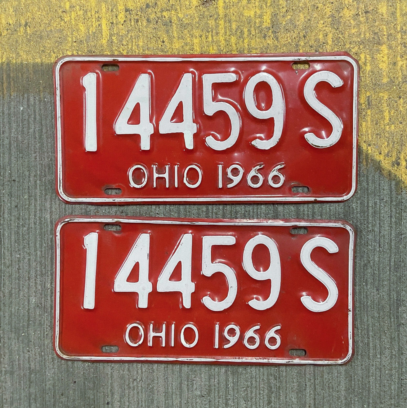 Photo of a 1966 Ohio License Plate Pair Auto Tag Garage Decor Vintage 14459 S with original patina