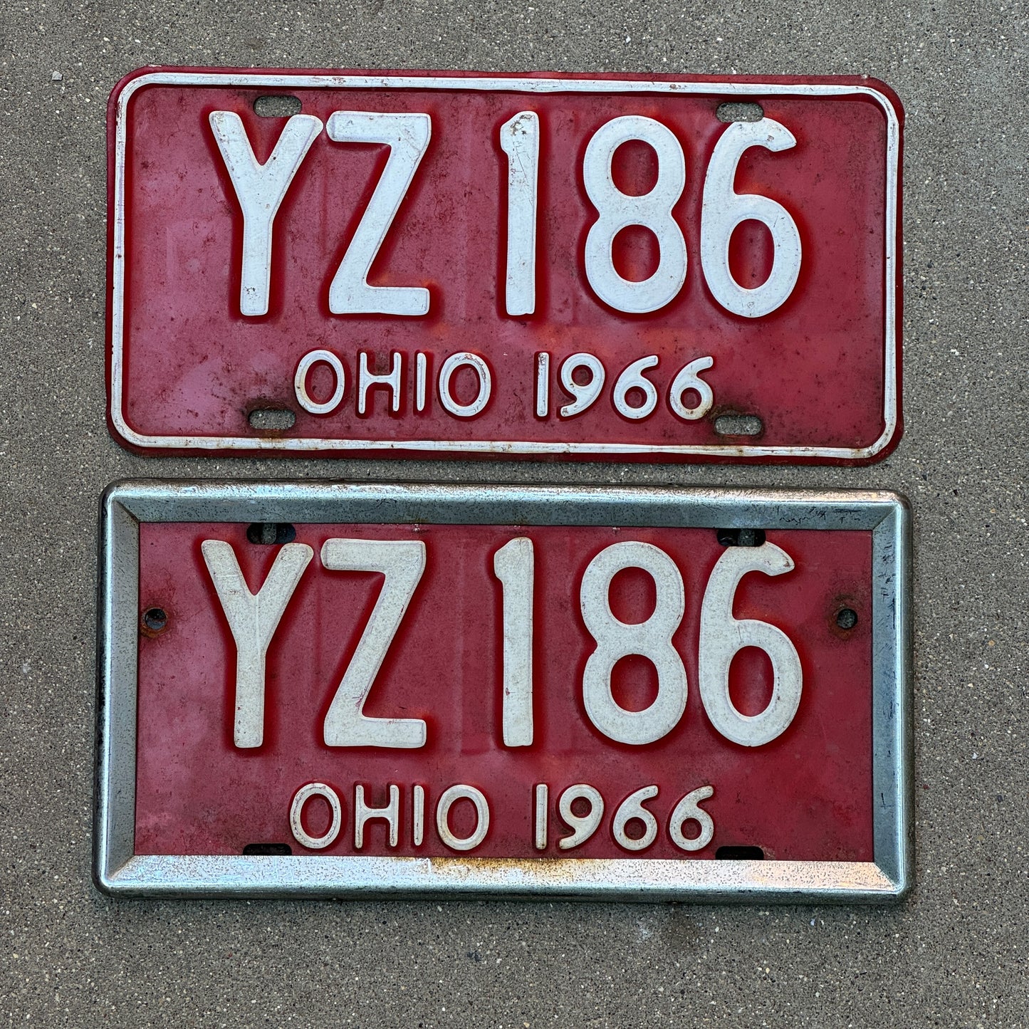 Photo of a 1966 Ohio License Plate Pair Auto Tag Garage Decor Vintage YZ 186 with original patina